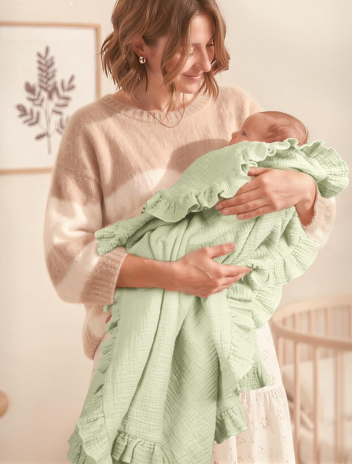 lulumoon Muslin Ruffle Baby Blanket - Soft Breathable 100% Cotton Newborn Wrap for Stroller Travel & Car Seat - Ideal for Nursery Decoration & Photo Prop 40"x36"(Green)