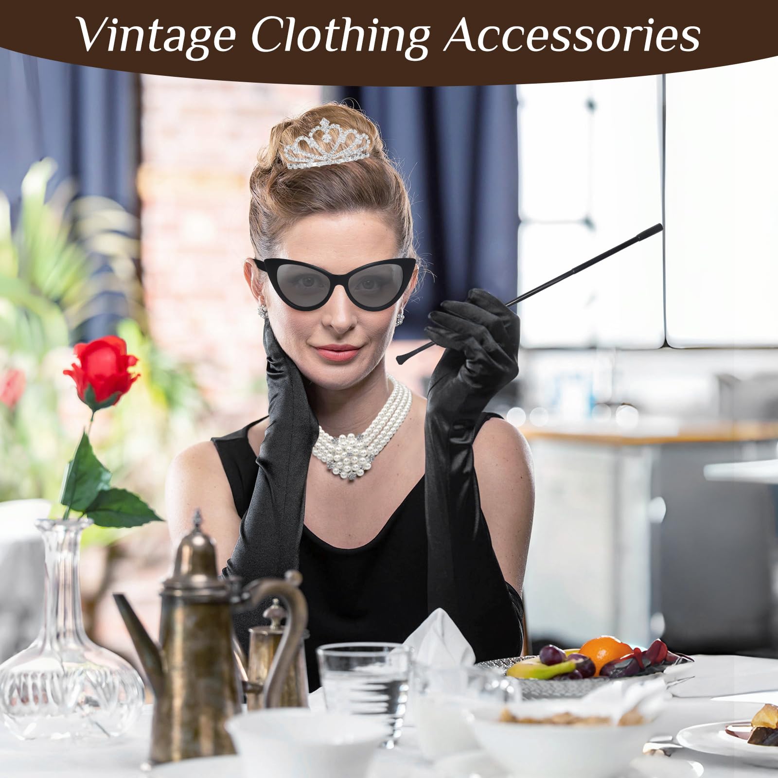 Oerphh 60s Retro Accessories, Fancy Dress Jewellery with Pearl Necklace Tiara Earrings Gloves Sunglasses Holder - Image 2
