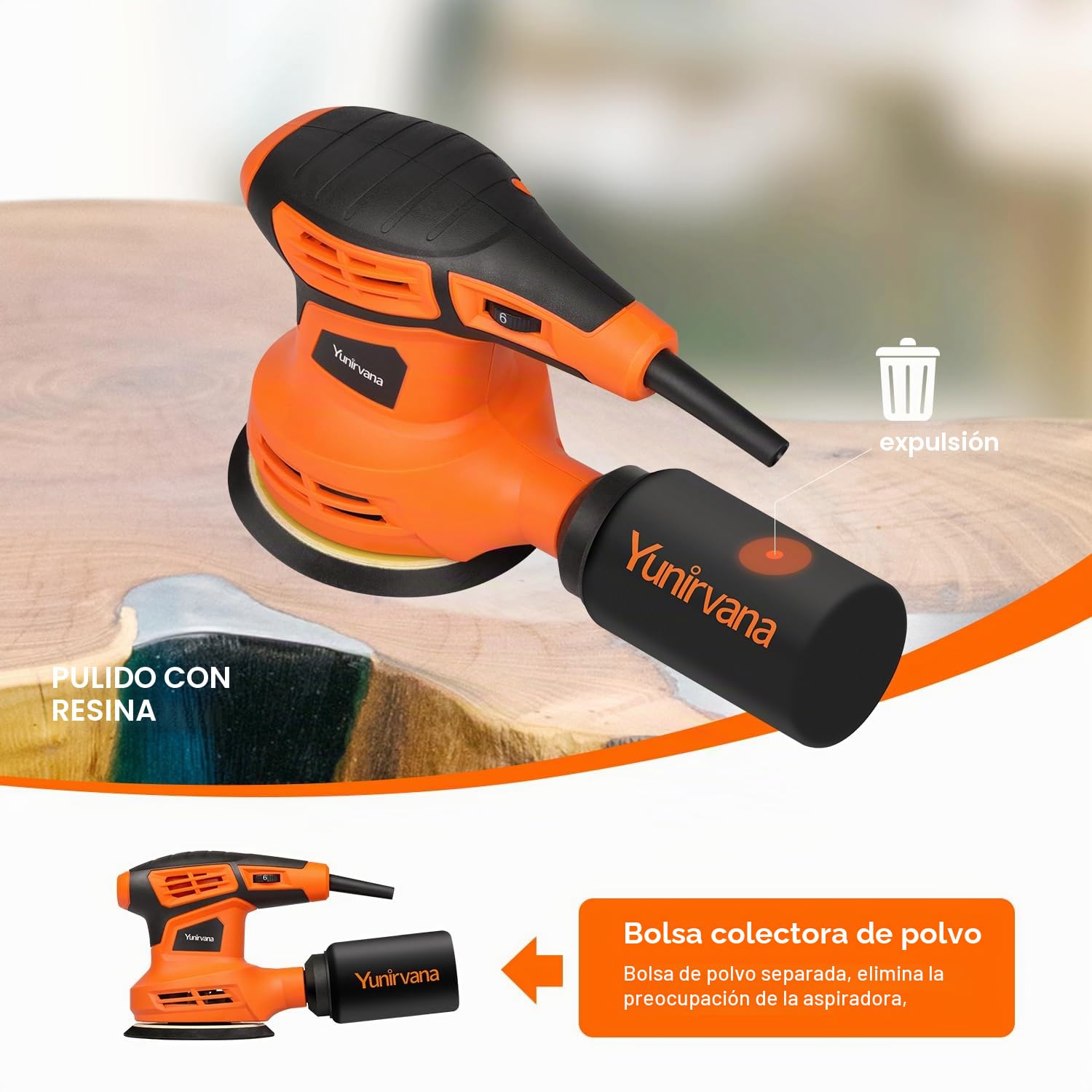 Yunirvana Lijadora Orbital, 280W 13000 RPM Lijadora de Órbita Aleatoria con 15 Hojas de Lija de 125 mm, Lijadora rotorbital de 6 Velocidades Variables con Colector de Polvo, Ideal para Lijado y Pulido