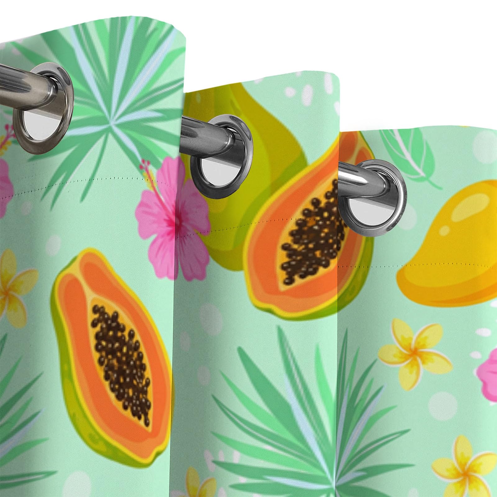 Frutas Tropicales Cortinas Opacas De Diseños Mango Papaya Salon Dormitorio Decoración De La Ventana, 2 Piezas Cortinas Ollaos Verde Claro, Aislantes Frio Y Calo 140An X 245Al Cm