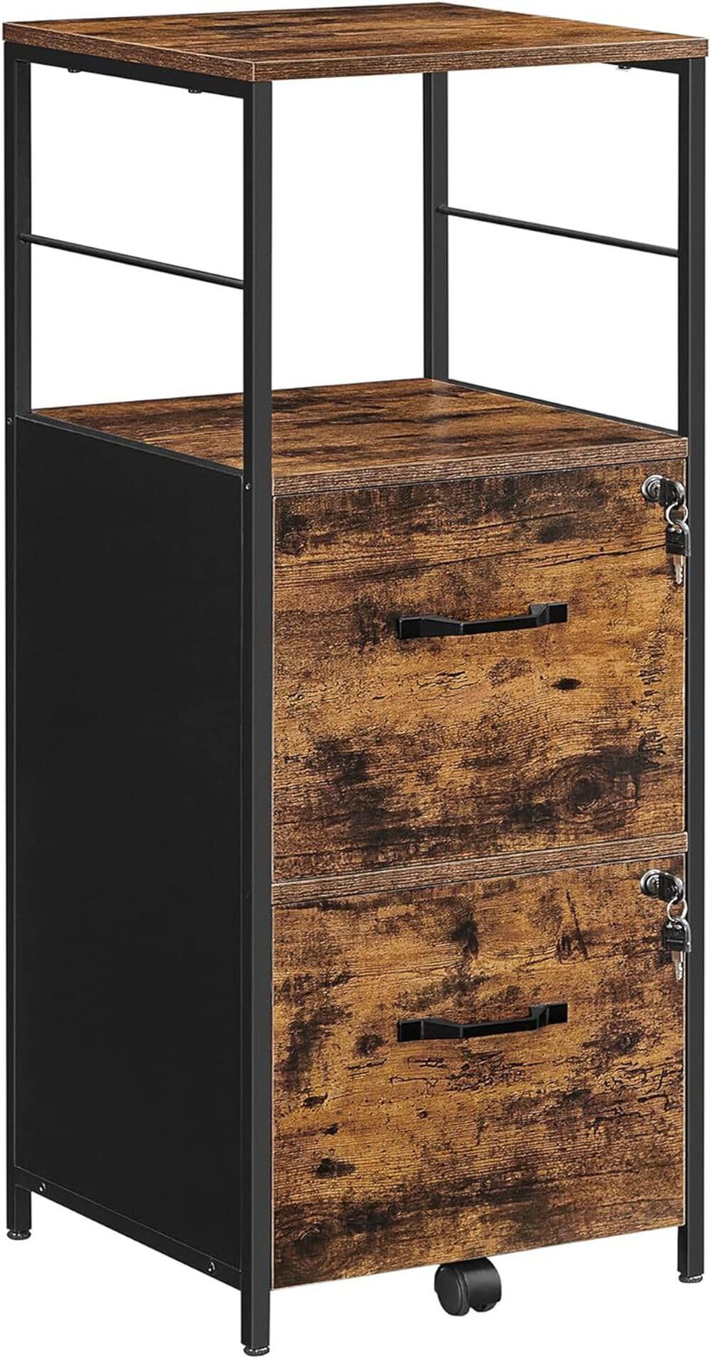 VASAGLE Cabinet for Home Office, with Lock and 2 Drawers, A4 and Letter Sized Files, Printer Stand, ?15.8 x 16.1 x 42.5 Inches, Rustic Brown + Black