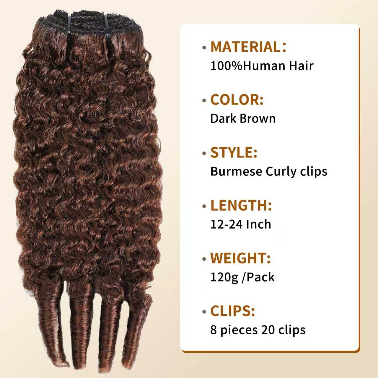 Burmese Curly Clip Ins Spirally Curly Hair Clip in Hair Extensions for Women 8pcs 120g/Set Brazilian Virgin Human Hair Dark Brown Color (4#,12 Inch)