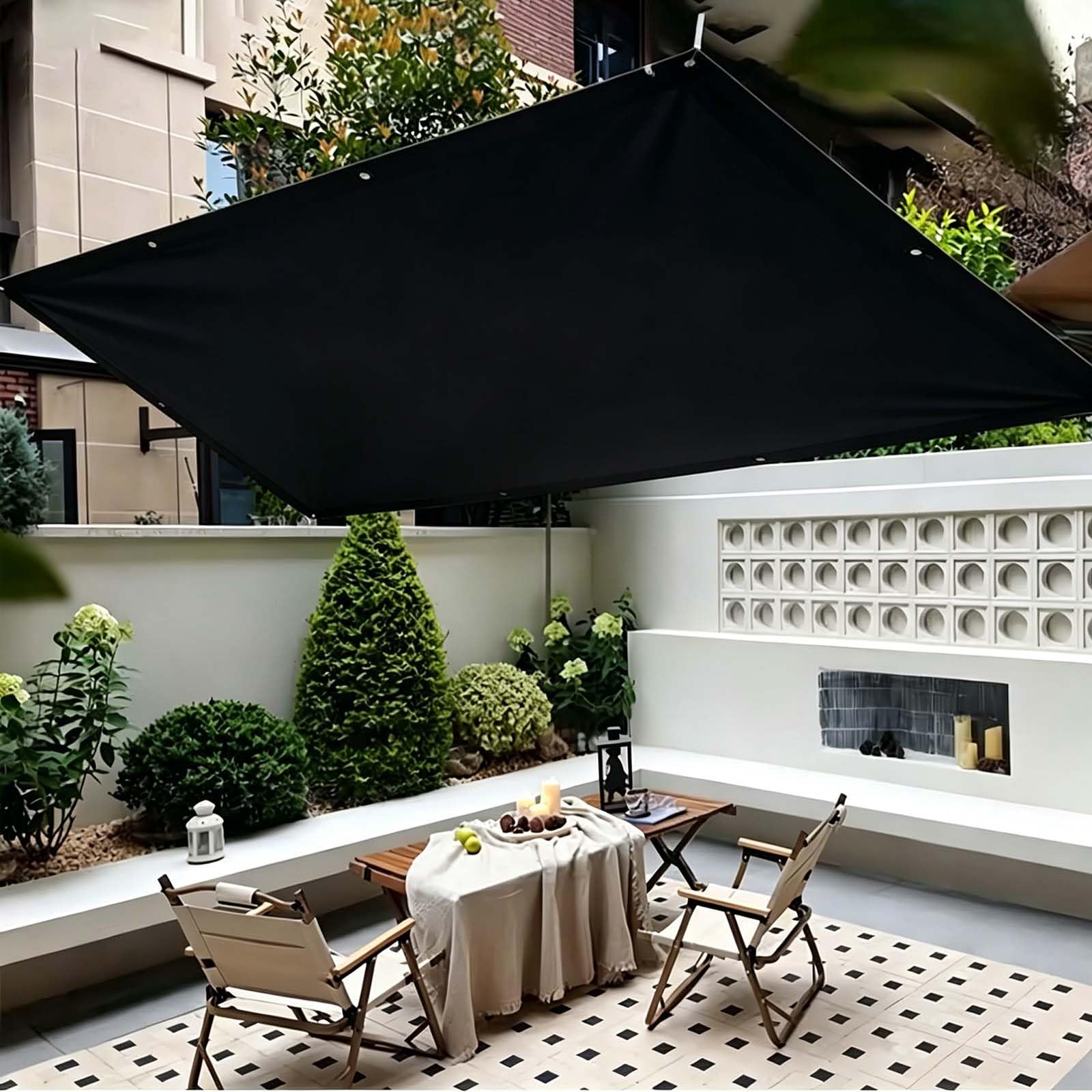 Voile d'ombrage de jardin imperméable avec cordes et œillets noir