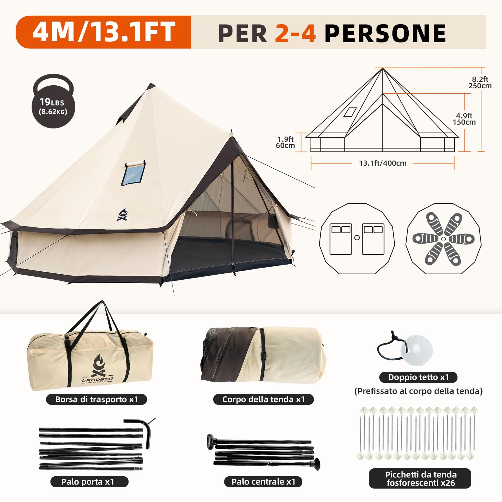 4-Jahreszeiten-Glockenzelt für 2–6 Personen mit Ofenrohröffnung | Croosseoutdoors 210D Oxford, wasserdicht, windbeständig, geräumiger, stabile Konstruktion für Glamping, Festivals und Jagd