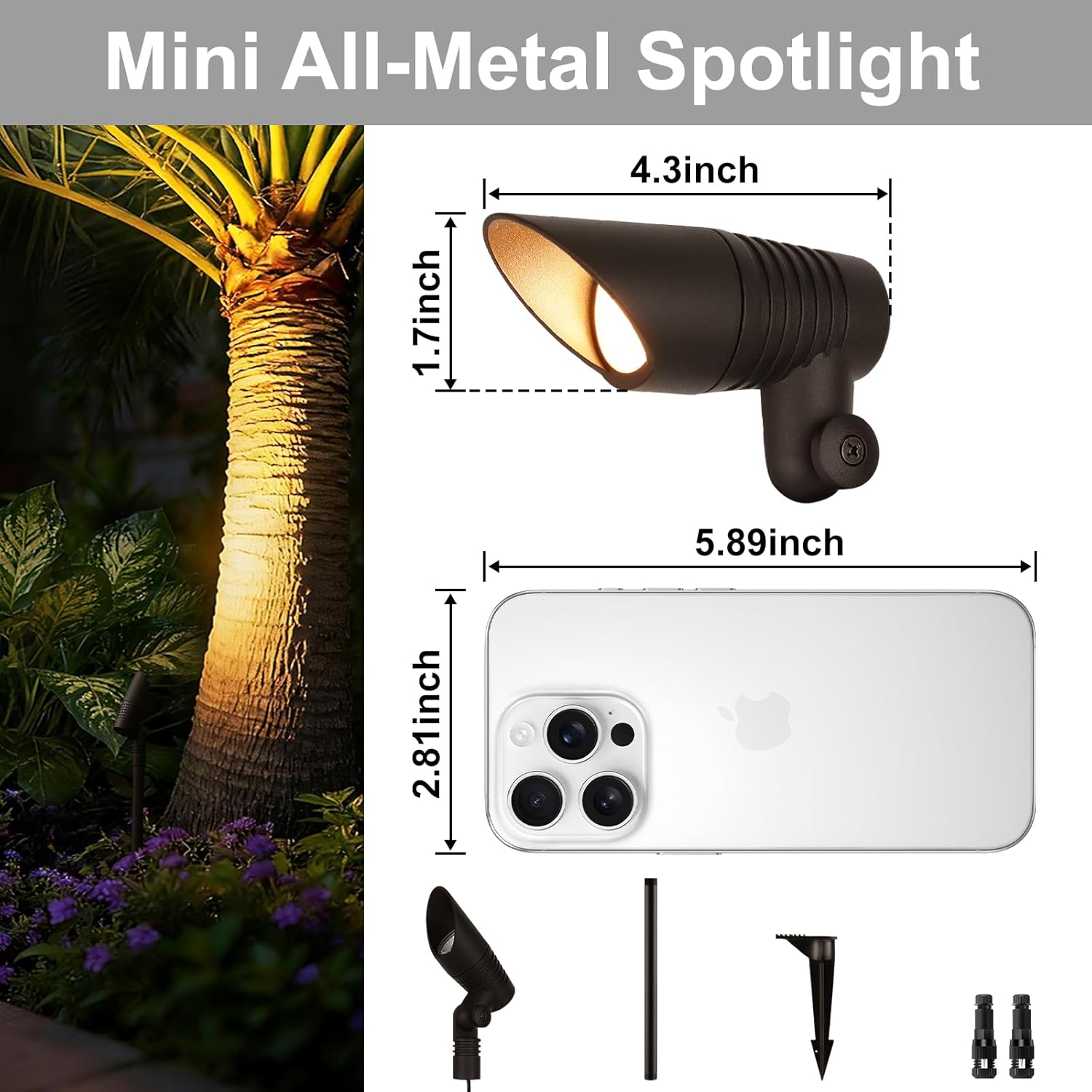 Mini LED Landscape Spotlights, 16'' Tall Pole, 5CCT 5W 12 Volt Wired Low Voltage Bronze Landscape Small Spot Lights for Outdoor Tree Flag House Pathway Driveway, 60° Beam Angle, 6PK