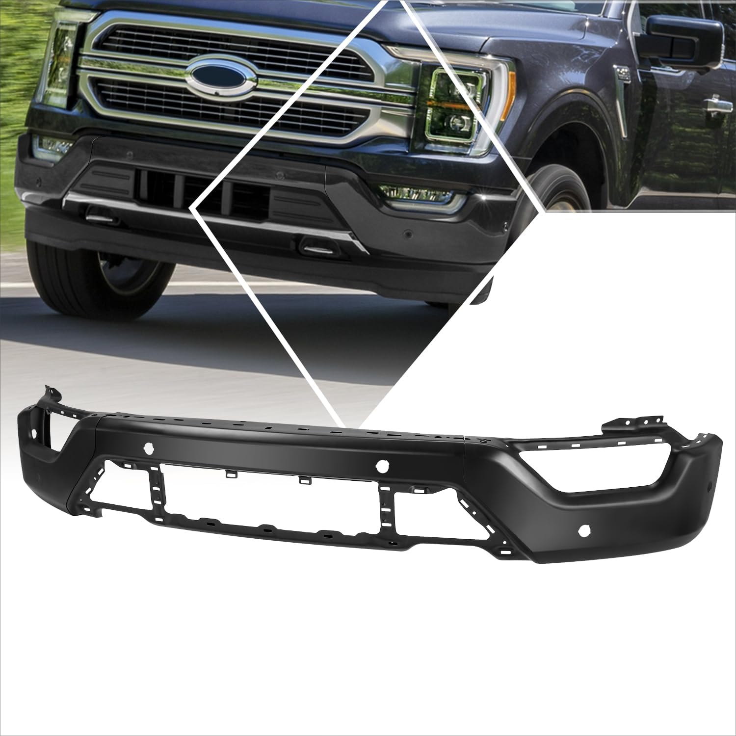 PM PERFORMOTOR Front Bumper Face Bar Replacement Compatible with 2021-2023 Ford F-150, with Parking Sensor Holes, Primered (Paint to Match) Black