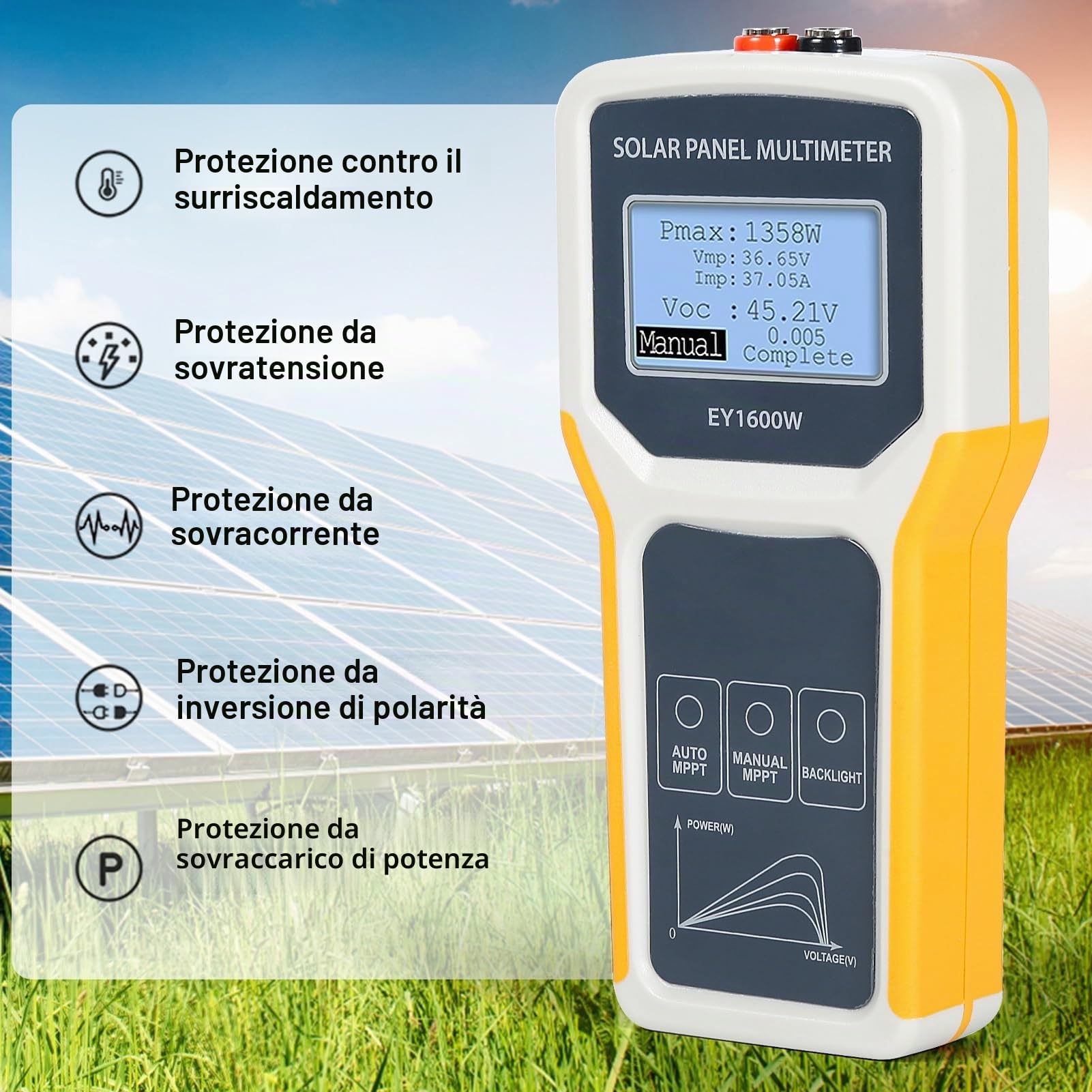 Jadeshay Multimetro per Pannelli Solari Fotovoltaici,1600W Multimetro per Pannello Solare Fotovoltaico LCD Tester del Punto di Massima Potenza Tester MPPT di Tensione e Corrente