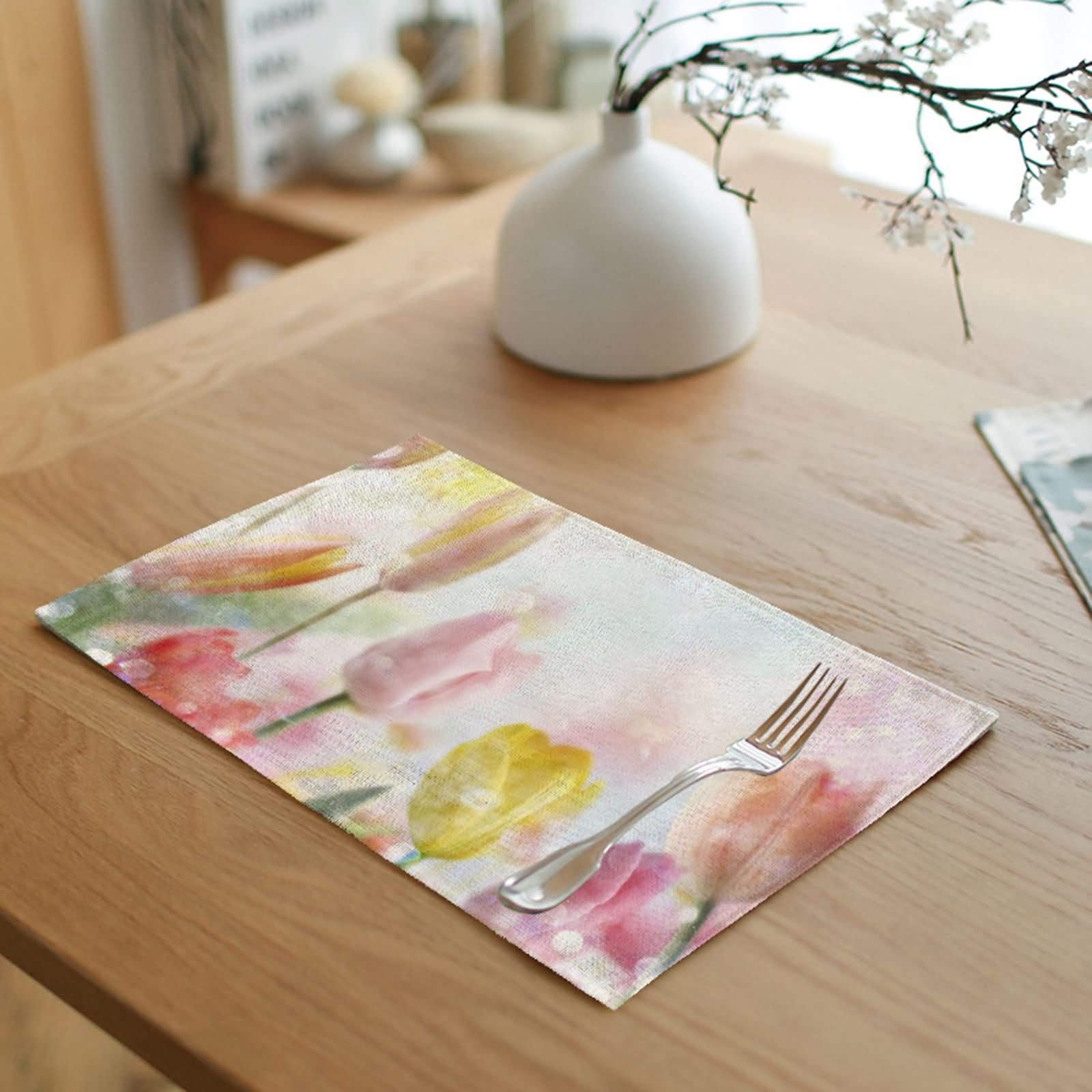 AMDXD Placemats Cotton Linen, Placemats for Kitchen Table Set of 4 12x18 Inch Brevity is Beautiful. Outdoor Decorations Heat Resistant Table Mats Non-Slip, Pink Yellow