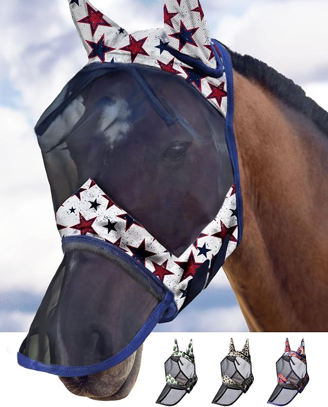 Máscara contra moscas para cavalos Harrison Howard LumiVista com focinheira longa, orelhas e proteção UV Dream Star Cob (Médio)