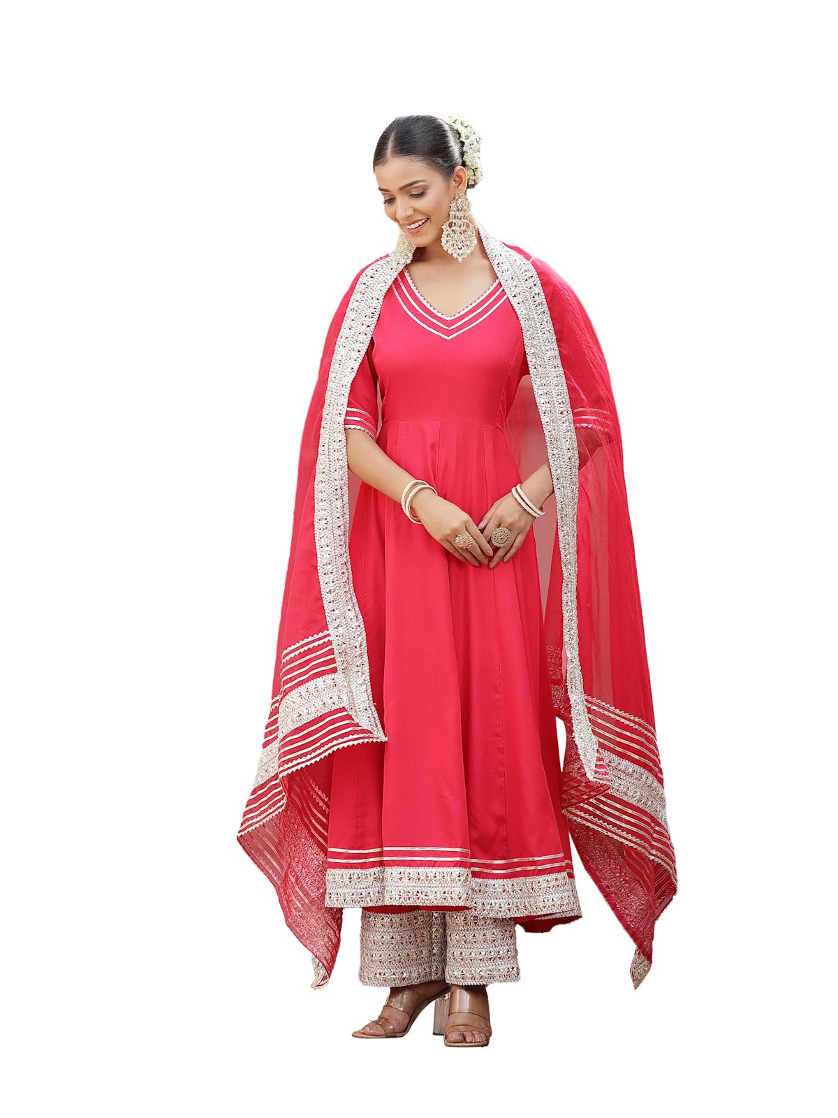 Stylum Women's Solid Rayon Anarkali Kurta Pant & Dupatta Set (Kpdpinkkivi36_Pink, S)