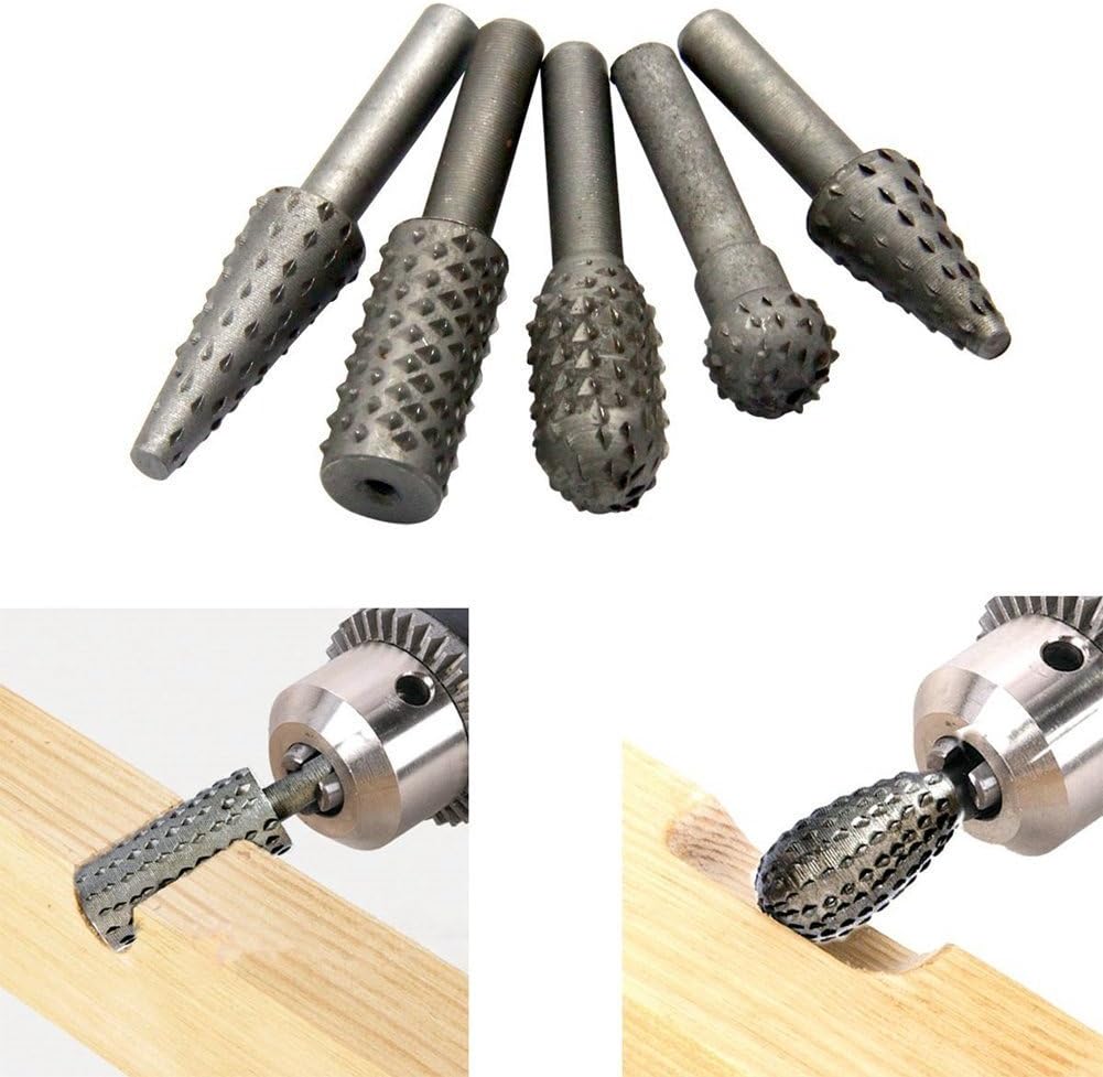 5 Pieces Rotary Burr Set Wood Carving File Rasp Drill Bits 1/4" 6mm