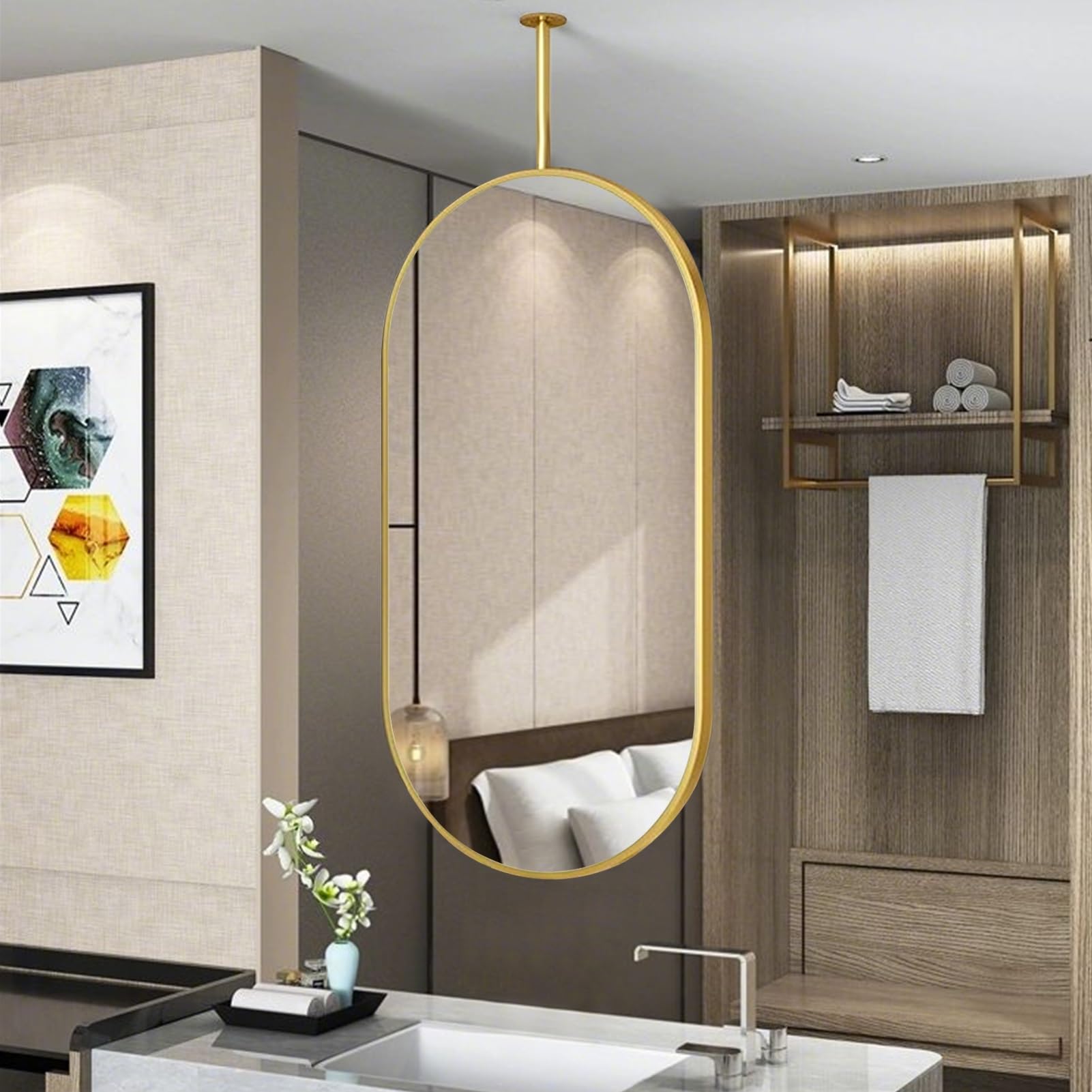 Miroir suspendu de plafond pour coiffeuse de salle de bain, grand miroir ovale mural pour maquillage et rasage avec cadre en métal doré et bras articulé - Bras articulé personnalisable (50 cm x 60 cm