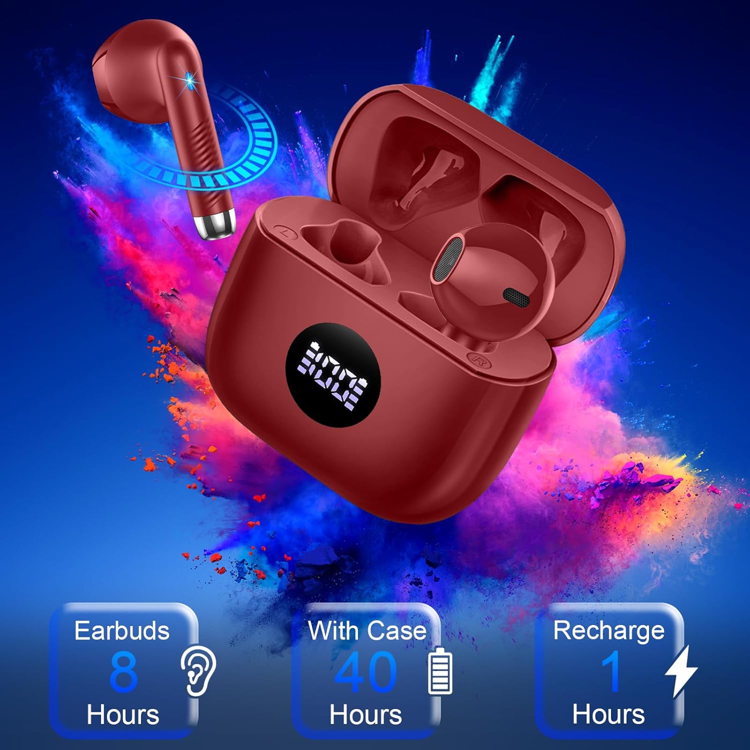 Jxrev Wireless Earbuds, Bluetooth Headphones LED Power Display Ear Buds Bass Stereo, Bluetooth Earbuds in-Ear Noise Cancelling Mic, Playback Mini Case IP7 Waterproof Sports Earphones for Android iOS - Image 4