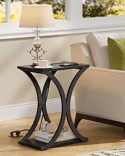 Miniatura 8 de Mesa auxiliar con estación de carga, mesa auxiliar moderna de 2 niveles, mesita de noche con estante de almacenamiento, para espacios pequeños, para