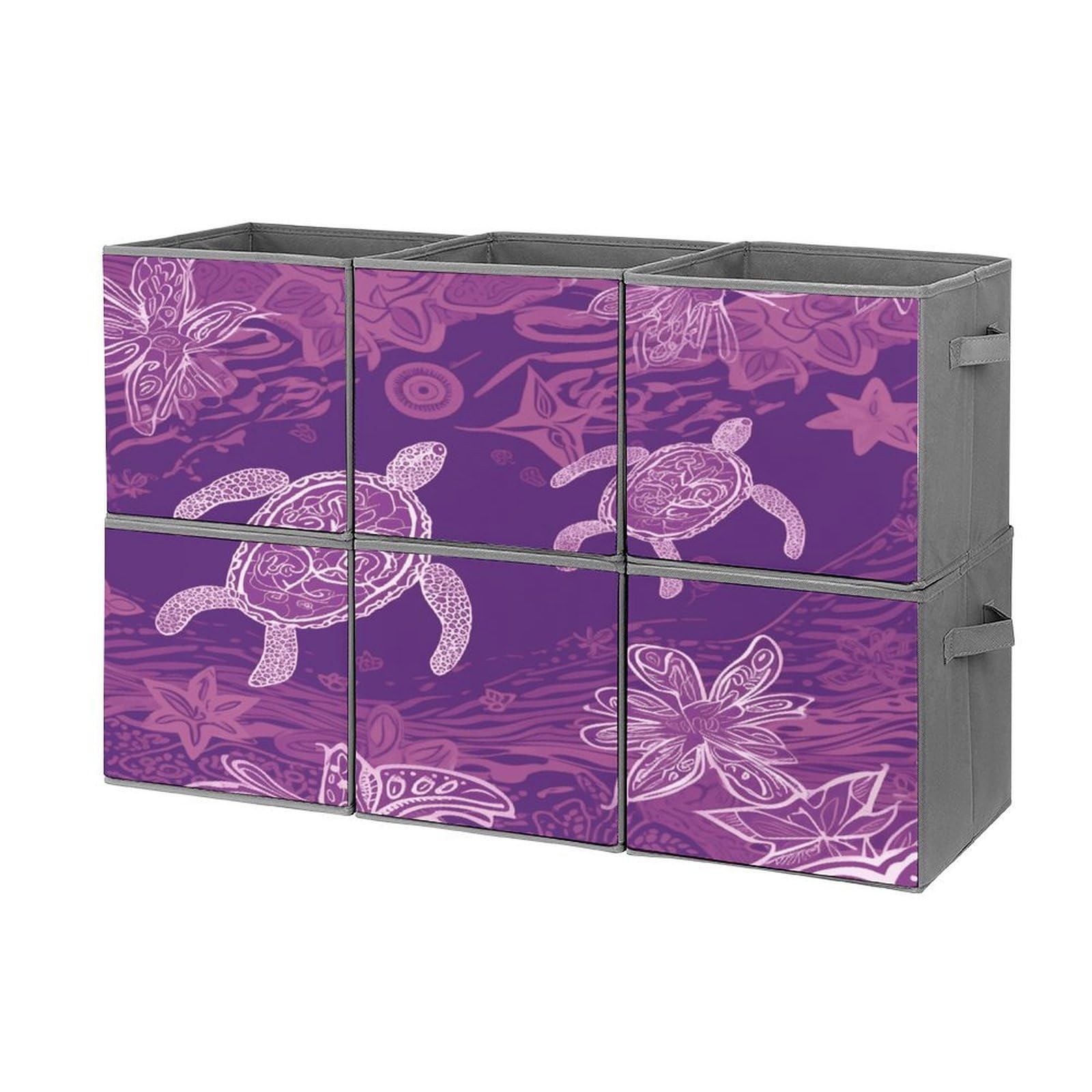 Btcowzrv Style Hawaii With Purple Sea Turtle Storage Cubes, 6 Pack Oxford Fabric Foldable Collapsible Bins With Handles, Cubby Storage Baskets Boxes For Closet Shelves Office Organization