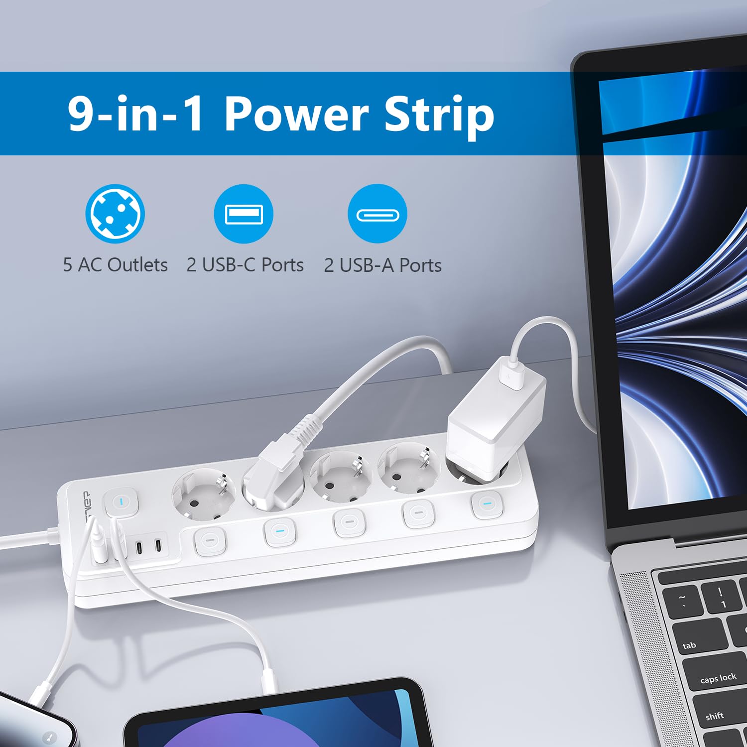 JSVER Enchufe con 5 Tomas y 4 Puertos USB, Regleta con Interruptor Individual, Alargador Múltiple con 2 USB A y 2 USB C, Cable 2m - Blanco — view 2