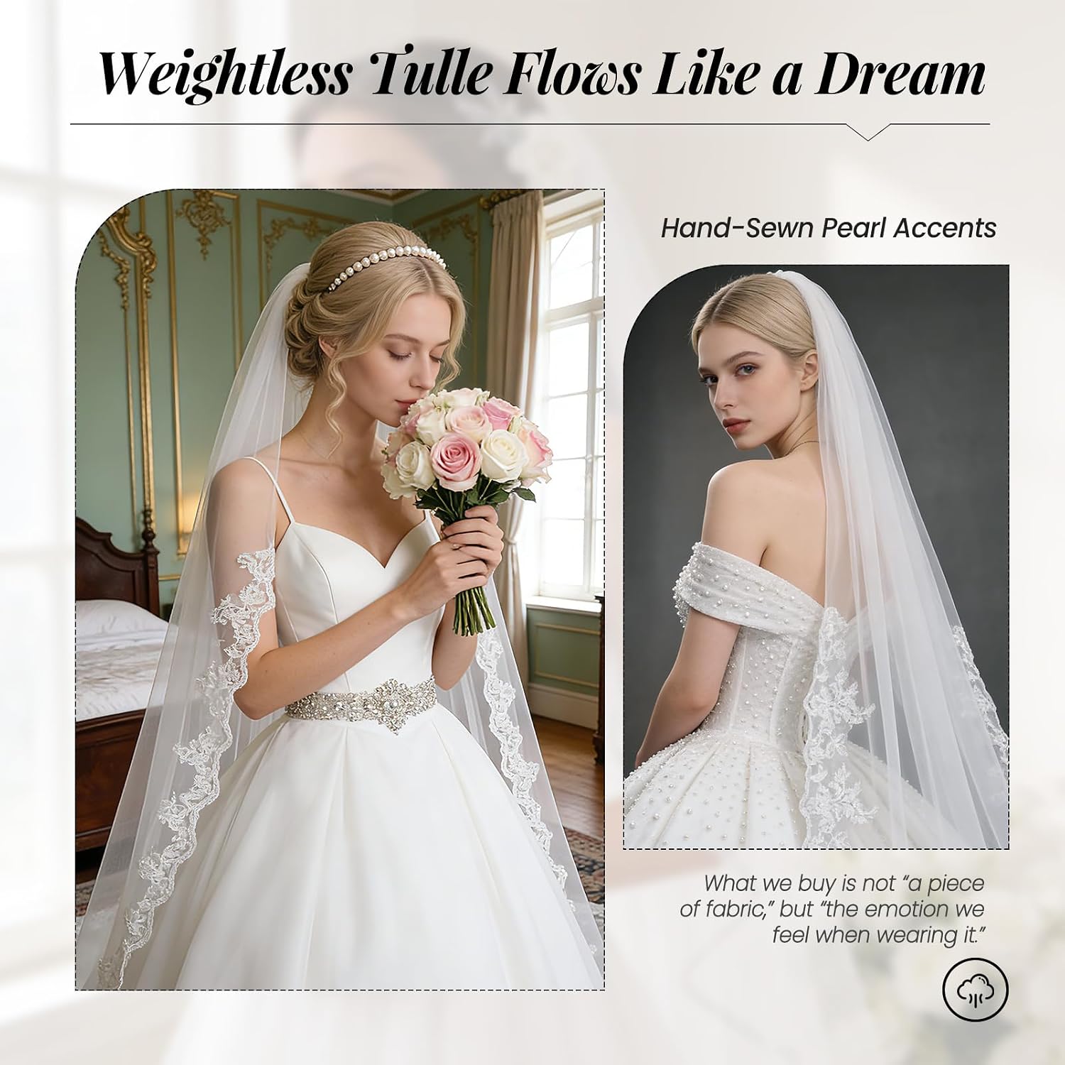 Wedding Veil Pearls and Crystals Beaded Edge Fingertip Length Bridal Veil for Wedding Party photography Fashion Show