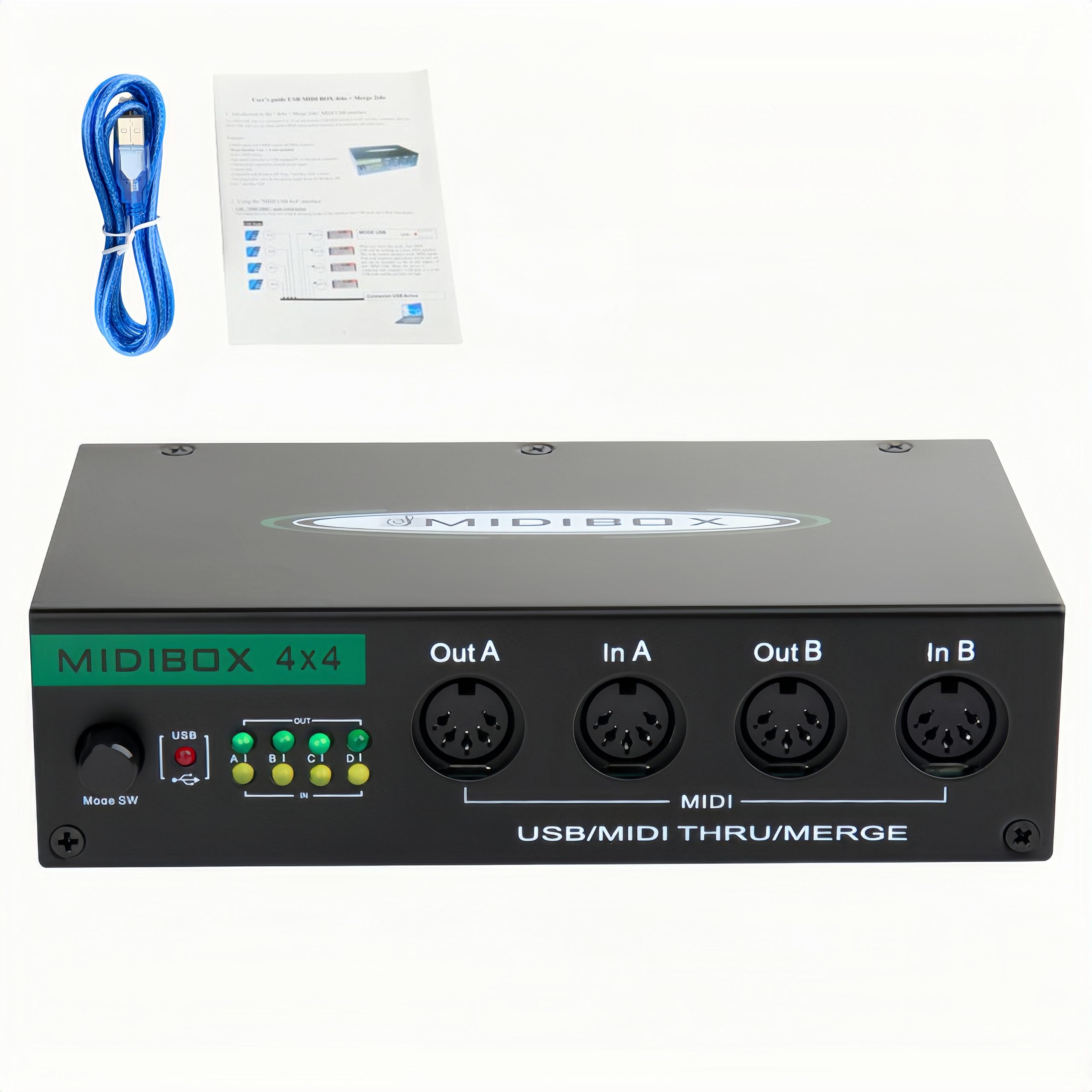 MIDI Interface, USB MIDI Interface, 4 IN/ 4 OUT MIDI Thru Box with 2 IN/ 4 OUT MIDI Merge for Music Recording Composing Streaming Podcasting Plug-n-Play