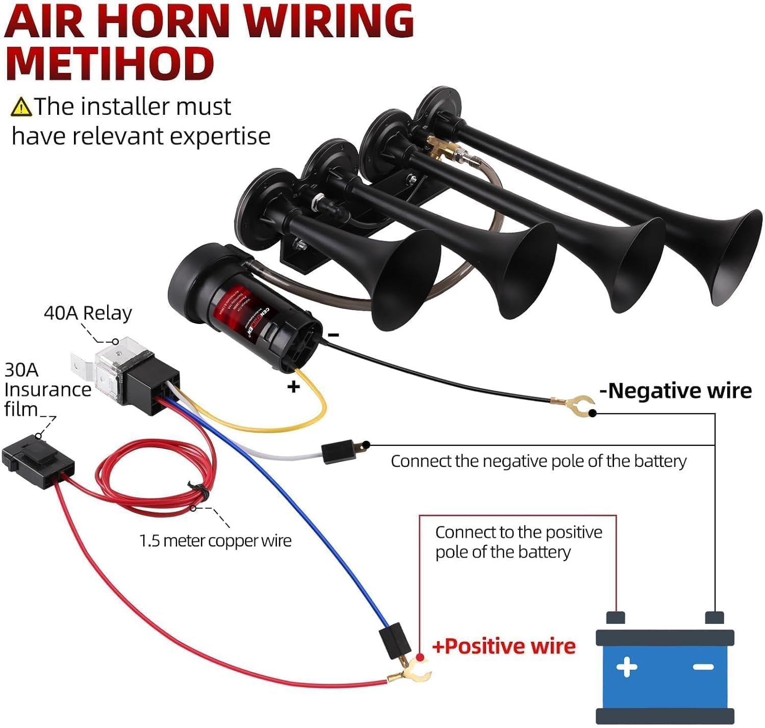 Train Horn for truck Kit-4 Trumpet Metal Air Horns replacement Drill horn 12V 150dB Ultra Loud with Compressor for pickup/motorhome/SUV/truck/train (black 4 Trumpet)
