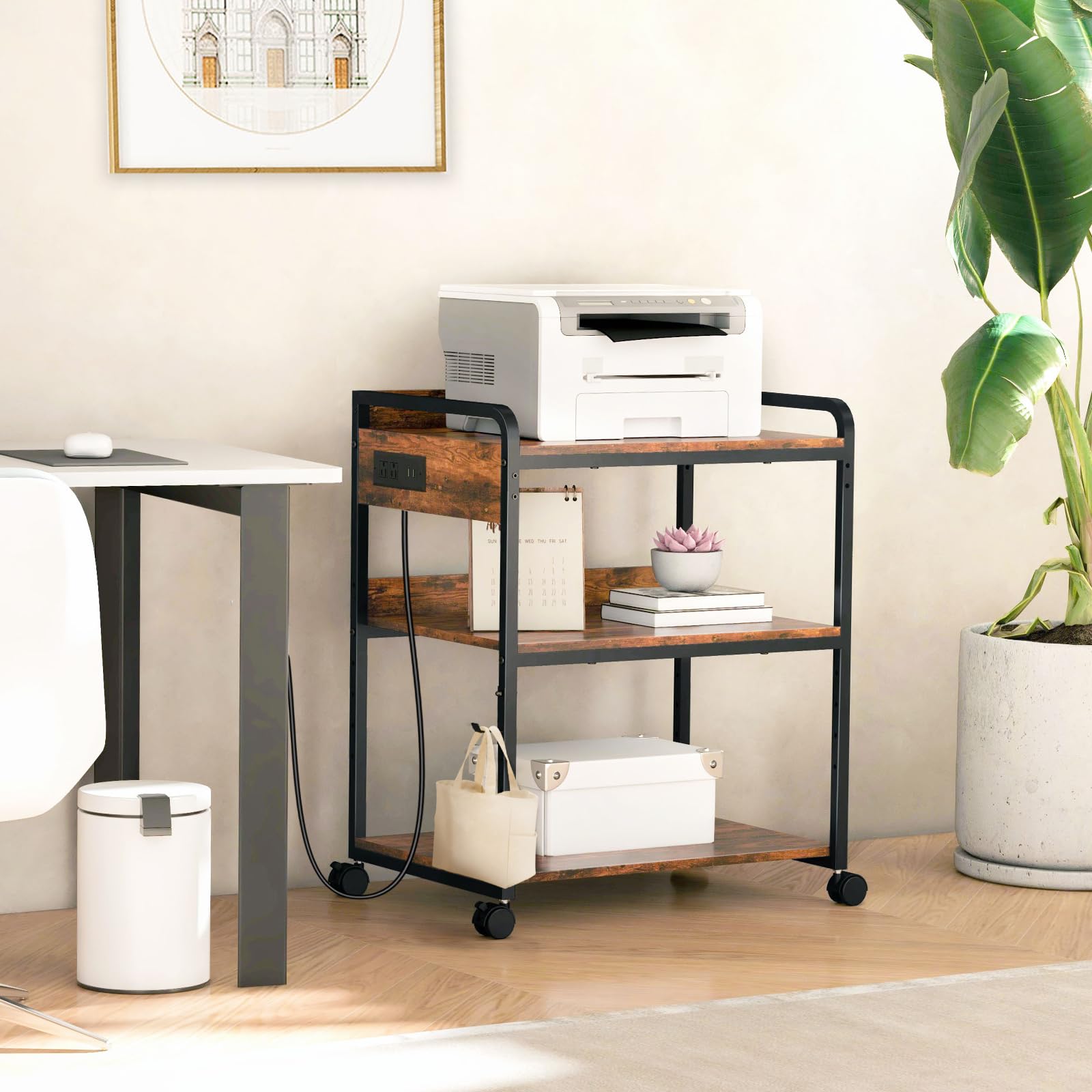 Livofloral 3 Tier Large Printer Stand with Wheels 25 2 x 18 9 Inch Printer Stand with Power — view 7