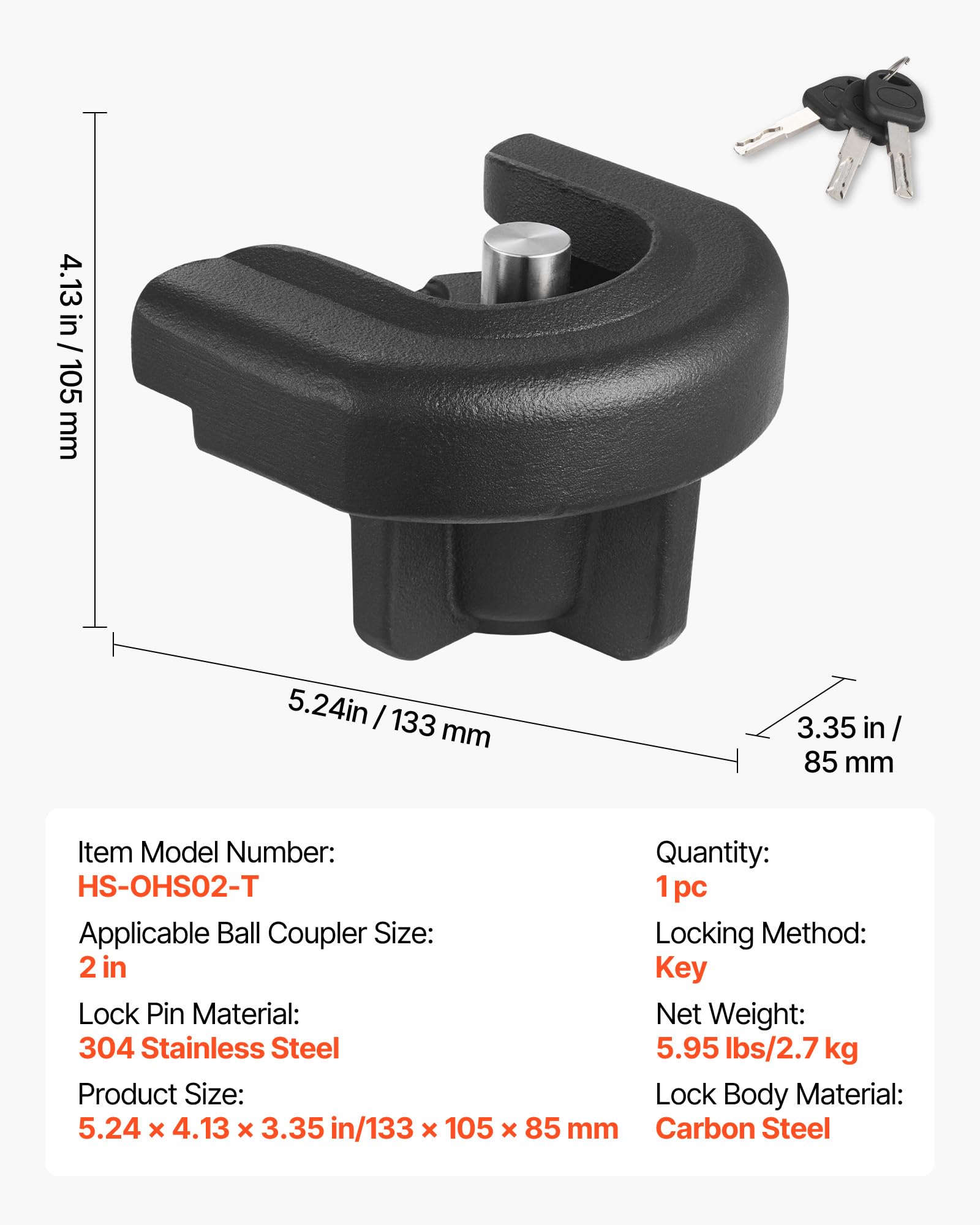 VEVOR Candado para Enganche de Remolque, para Acopladores de 5,08 cm, con 3 Llaves, Resistente a la Palanca y a los Impactos, Apto para Autocaravanas, Barcos, Vehículos Todoterreno y Remolques