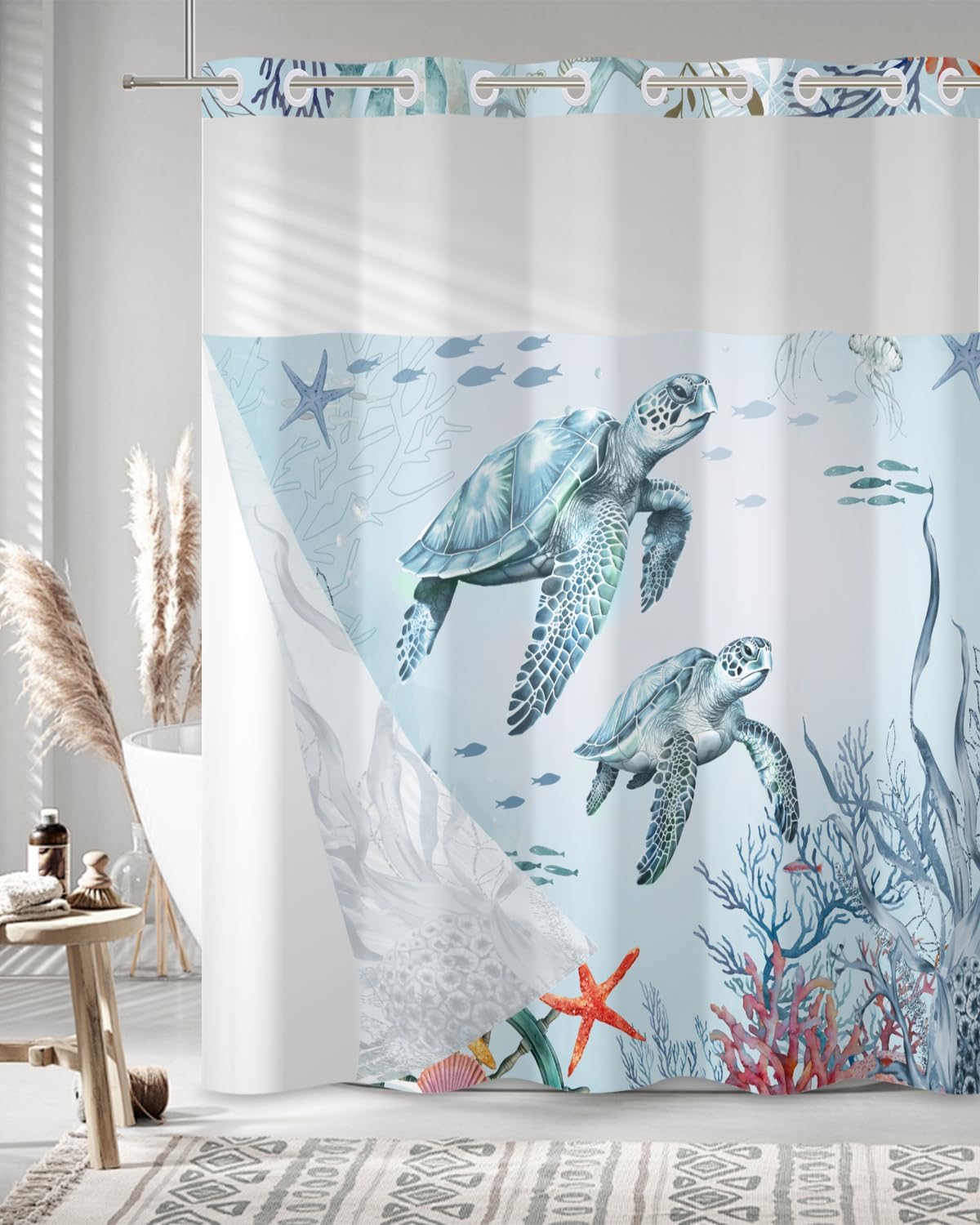 No Hook Shower Curtain with Snap in Liner Set, Coastal Sea Turtle Marine Life Print Shower Curtains for Beach House & Nautical Kids Bathroom, Mesh Top Waterproof Bath Curtain, 71x74 Inch