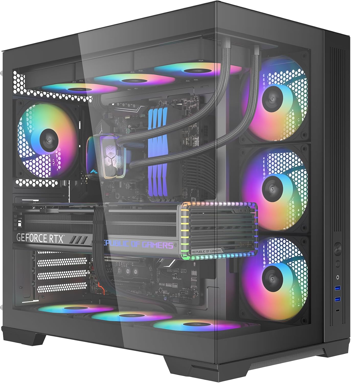 SAMA V52 ATX Mid Tower PC Case, Dual-Chamber Panoramic Tempered Glass Gaming Case, Back-Connect ATX Support, Type-C USB 3.2, Supports 420mm GPU & 360mm Radiator, 7 ARGB PWM Fans Included, Black