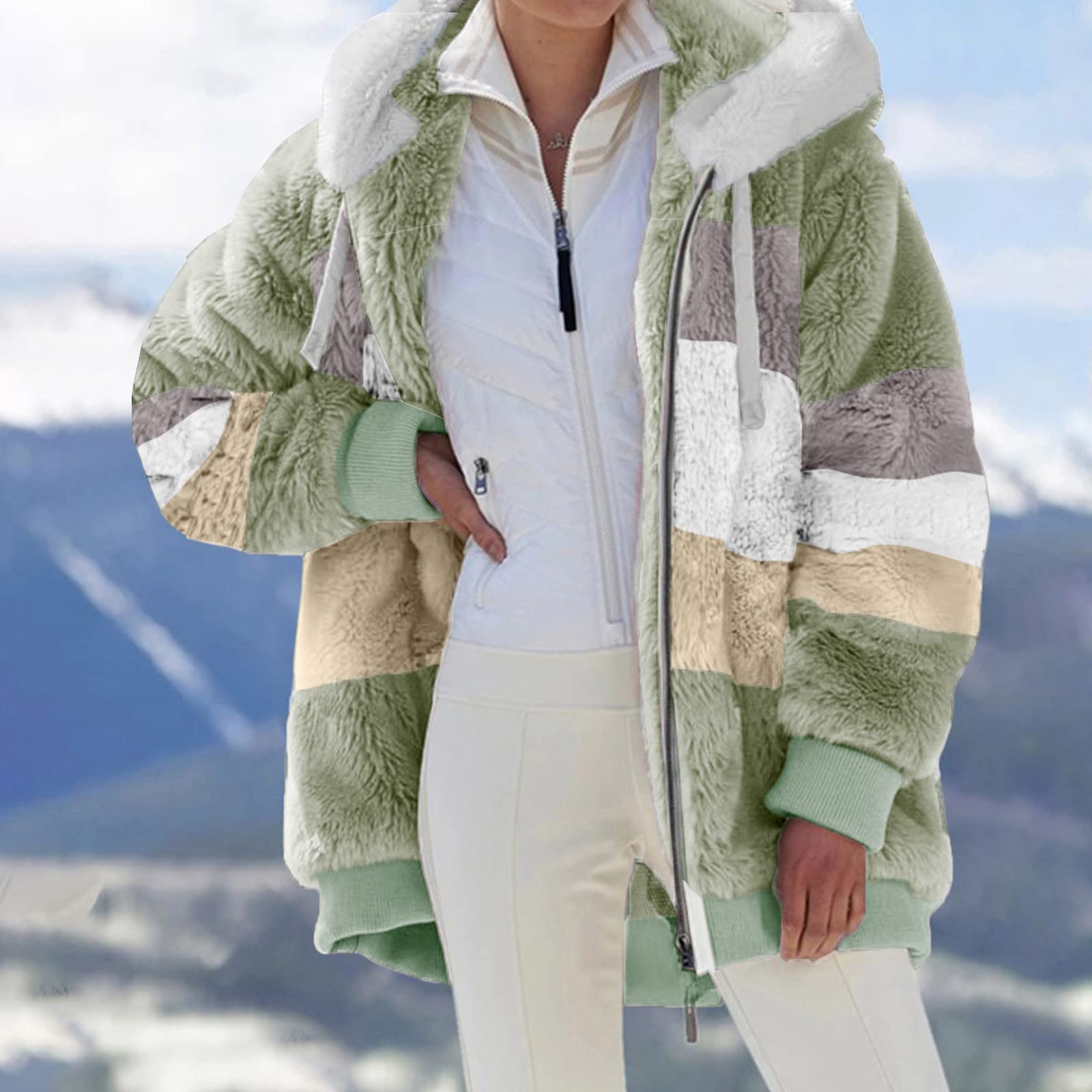 Felpa Con Cappuccio In Pile Per Donna - Calda, Foderata, Con Cerniera, Colore Beige/Marrone, Taglie Disponibili - 5