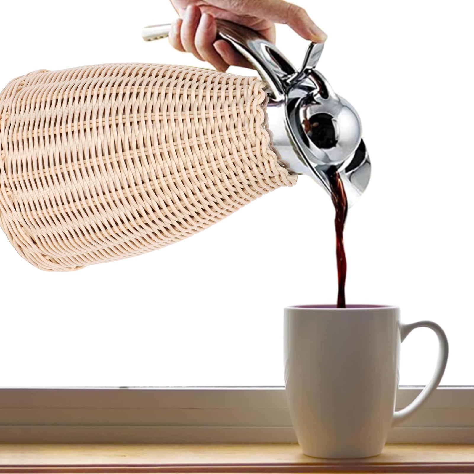 SIXRUN Carafe Tossicola Termica in Acciaio Inossidabile in Acciaio Inossidabile Intrecciato, 1,5 Litri di Brocca Isolata a Parete, Calore di 12 Ore, Fidelizzazione a Freddo 24 Ore, (Beige)