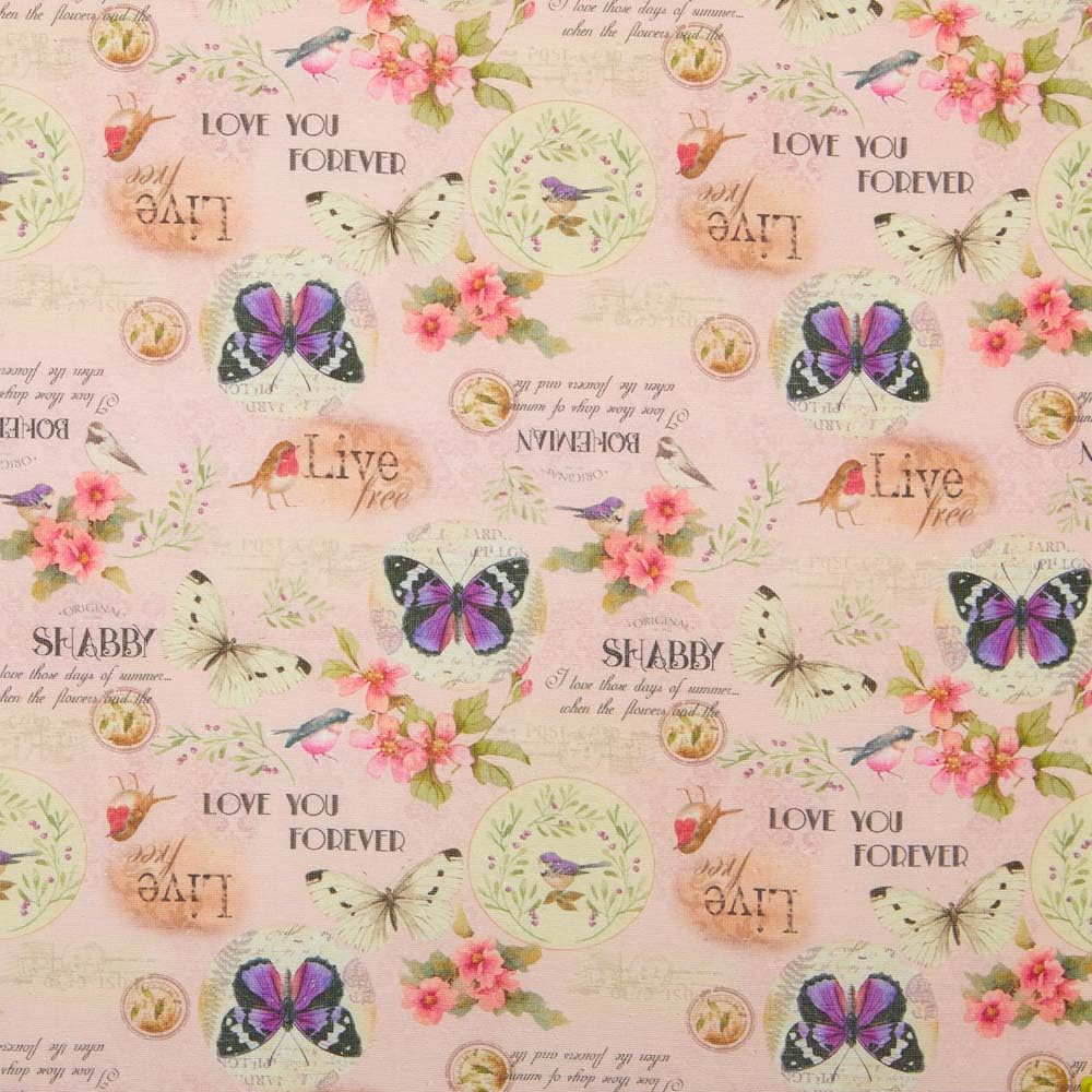 Kt KILOtelaPrinted Canvas Fabric, Decoration, Upholstery, Cushions, Curtains, Bedspreads, Bags, Tablecloths, 100 cm L x 280 cm W, Shabby Vintage, Pink - 1 m