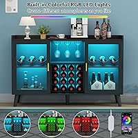 Vista 5 de Loomie - Gabinete de barra de vino con luz LED, gabinete de café para el hogar con estante de vino y soporte para vasos, aparador de buffet de Negro