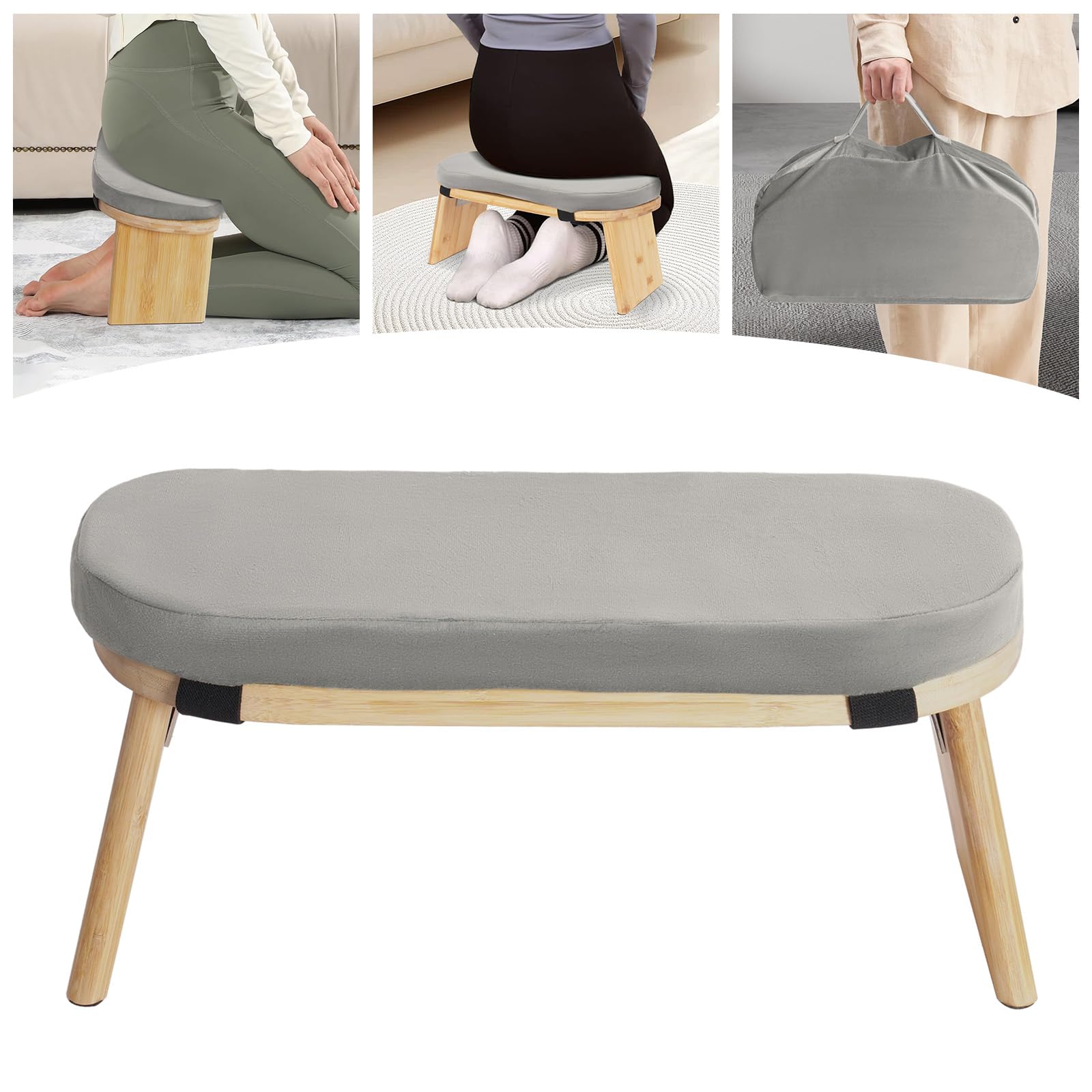 MINRS Banc de méditation pliable en bois avec coussin - Tabouret de prière ergonomique pour s'agenouiller et s'asseoir - Méditation plus profonde et plus longue - Gris