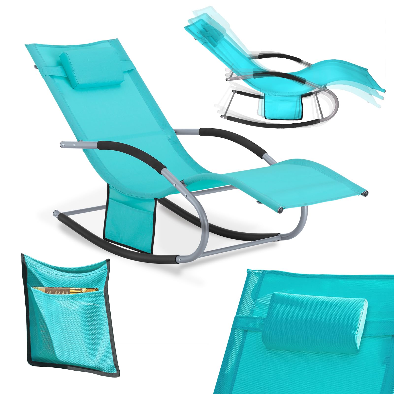 SoBuy Sonnenliege Gartenliege wetterfest Liegestuhl Schaukelstuhl mit Kopfkissen Relaxliege Schaukelliege Strandliege Outdoor Terrasse Balkon Camping bis 150 kg Türkis Gartenmöbel OGS28-HB