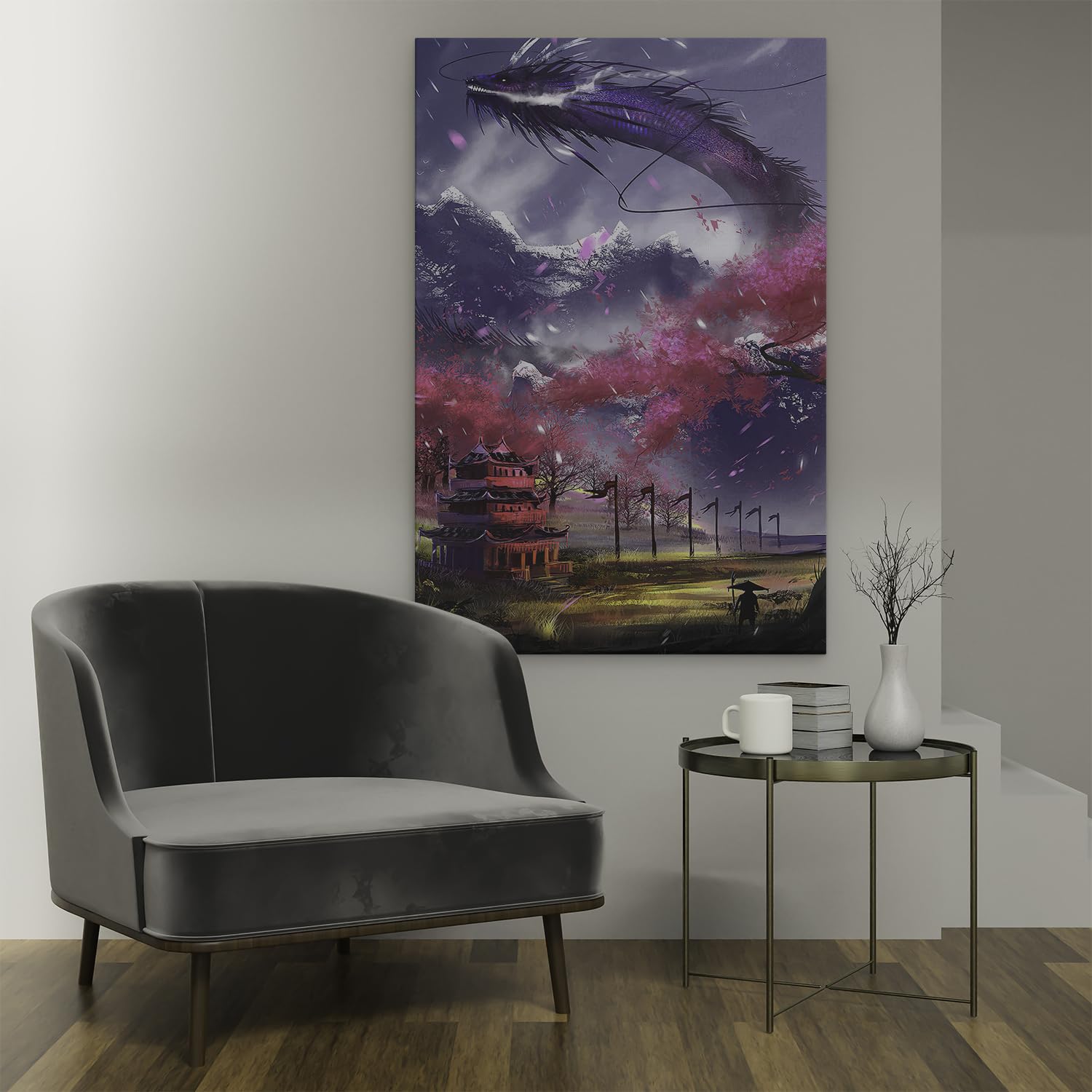 Artaza Cuadros Decoración Salón Modernos Dragón Japonés - 80x120 cm - Grande - Cuadros Decorativos Paisaje - Decoración Pared Sakura - Cuadro Templo Japonés