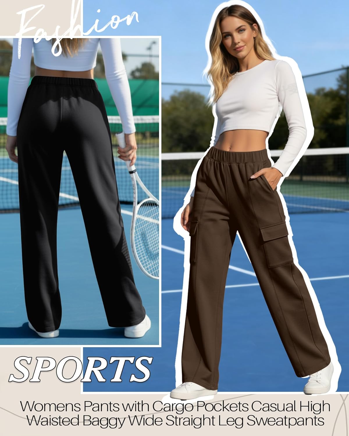 Neer 3 Pack Womens Cargo Sweatpants with Pockets Casual High Waisted Baggy Wide Straight Leg Pants Athletic Joggers Trousers(Black, Khaki, Brown,Large) - Image 5