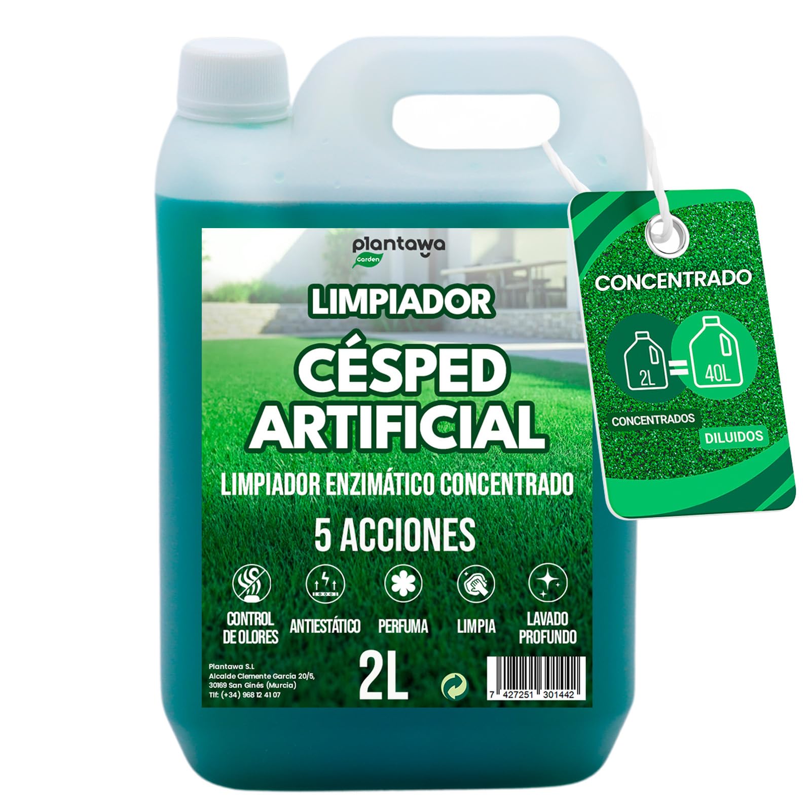 PLANTAWA Limpiador Césped Artificial 2L | Limpieza y Mantenimiento Exterior para Jardín y Patios con Mascotas | Ideal para Setos y Césped Sintético | Rinde hasta 40L