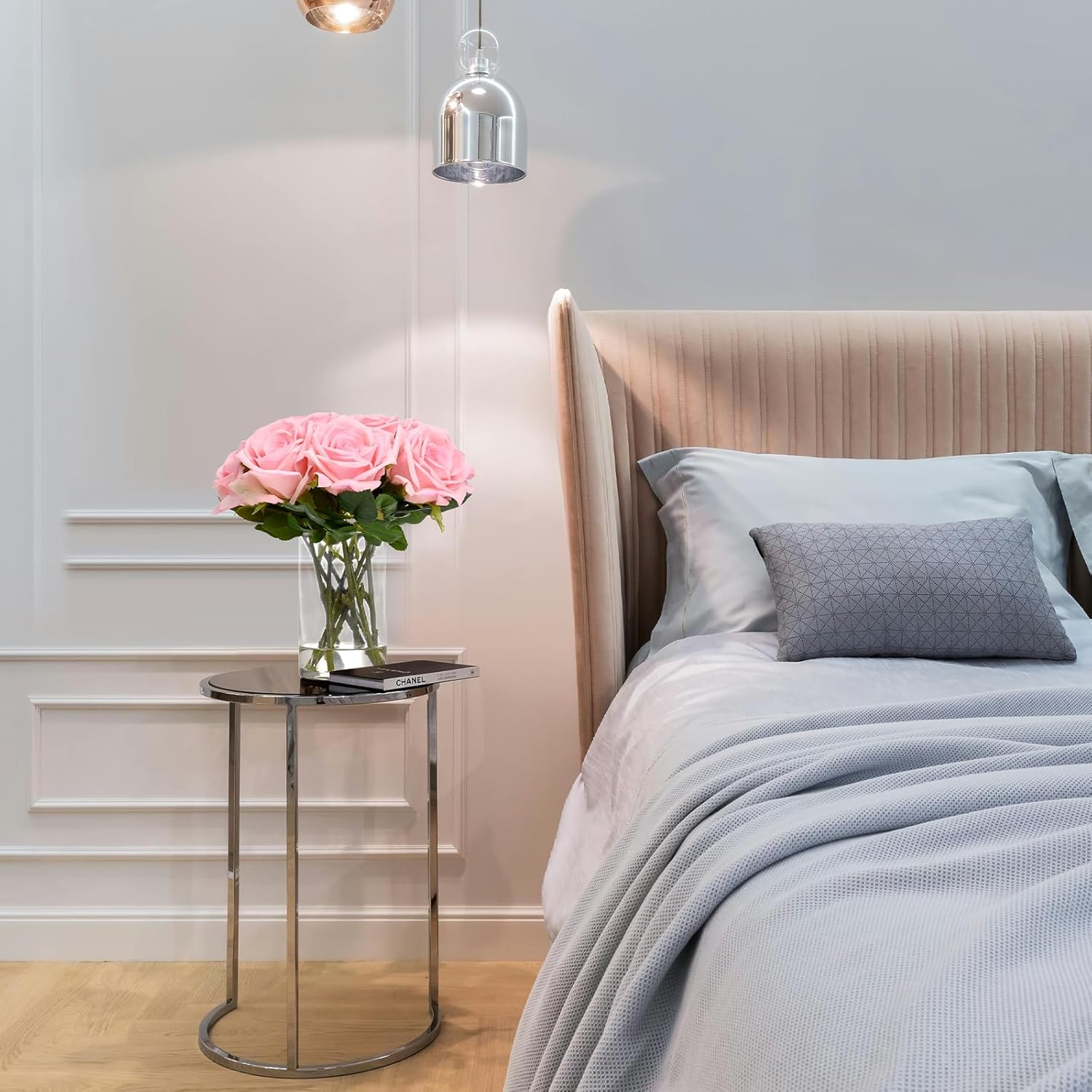 BLEUM CADE Luxury PU Fake Flowers in Vase with Faux Water, Pink Real Touch Roses Artificial Flowers with Glass Vase for Office Home Dining Room Centerpiece Table Decorations - Image 5