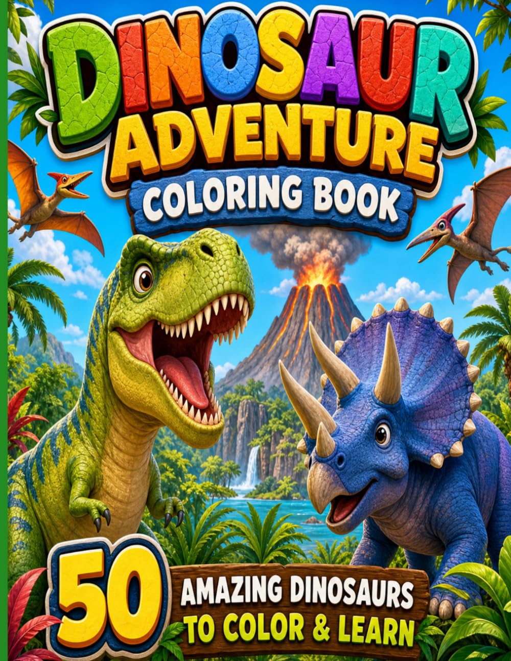 Dinosaur Adventure Coloring Book: 50 Amazing Dinosaurs to Color & Learn: Fun Coloring Pages with Tracing Names and Fun Facts for Kids Ages 4-8