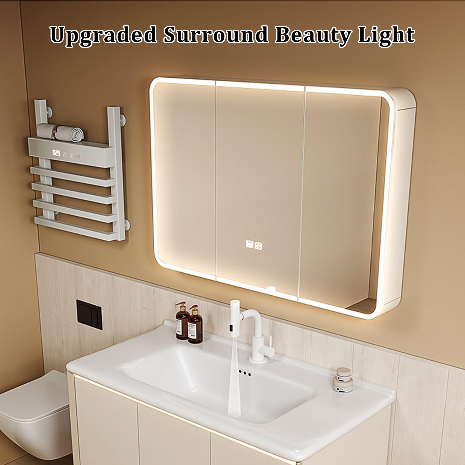 Gabinete de Espejo de Baño de Iluminación LED Mueble con Espejo Espejo Armario Baño Gabinete de Pared para Baño Antivaho Grande 3 Temperaturas de Color Regulables con Sensor Táctil(80x13x70cm)