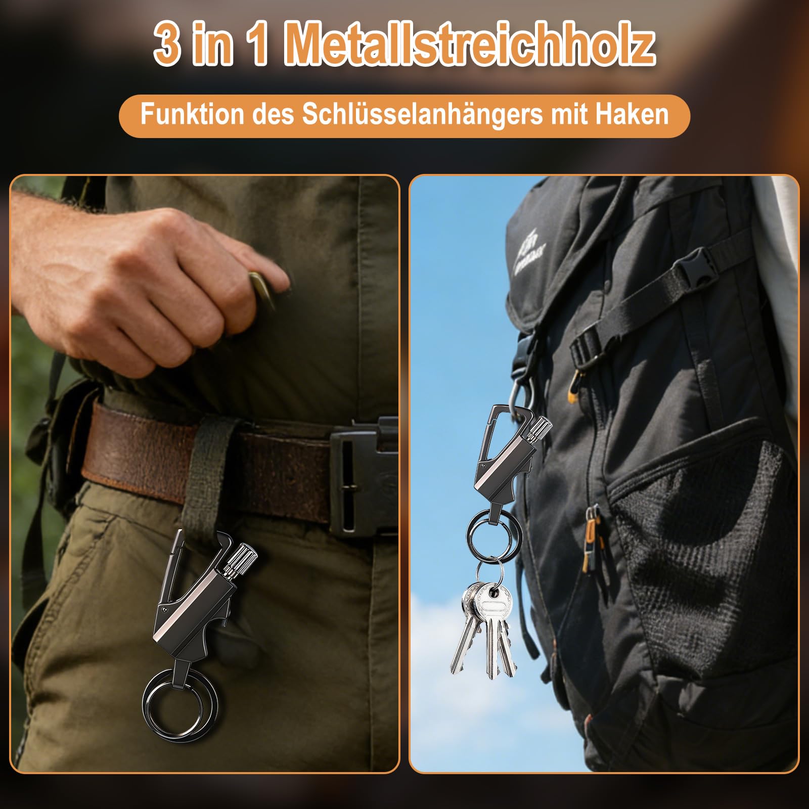 Cerillas Metalica, Pedernal Encendedor de Fuego Abrebotellas Llavero de Coche Encendedor Rellenable de Queroseno al Aire Libre Equipo de Rescate de Emergencia(Negro)
