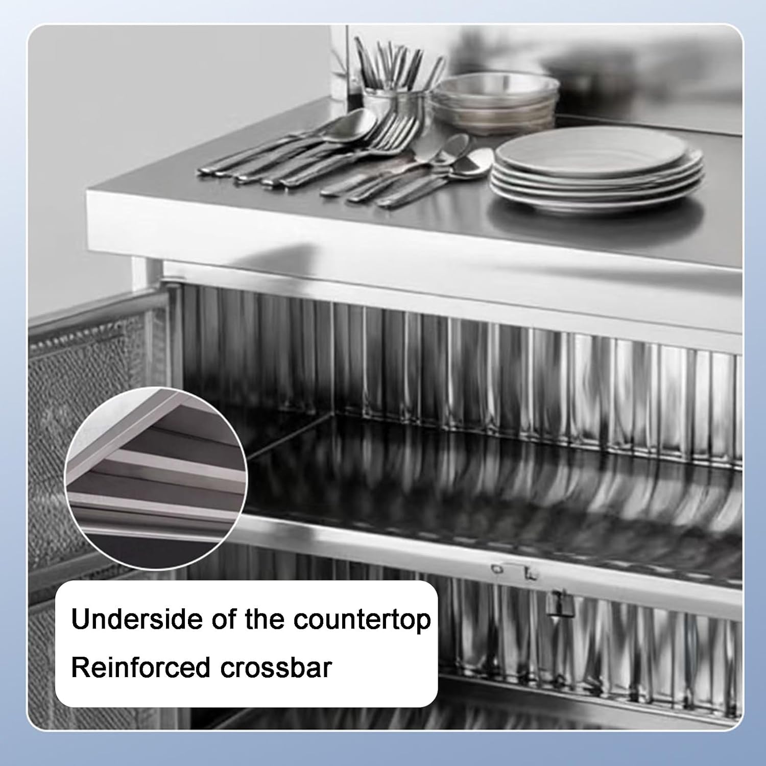 Stainless Steel Workbench Enclosed Design Non-Slip Feet Splash Guard Included Work Table Suitable for Home or Commercial Use Reinforced Crossbars Brushed Finish Height 80 Cm