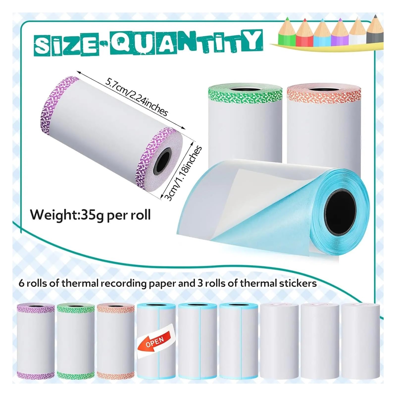 Papier Thermique Rouleau de papier d'impression thermique adhésif 57 x 30 mm, mini-rouleaux de papier d'impression, autocollants imprimables for imprimante P1 et imprimante A6(9Rolls Mix1)