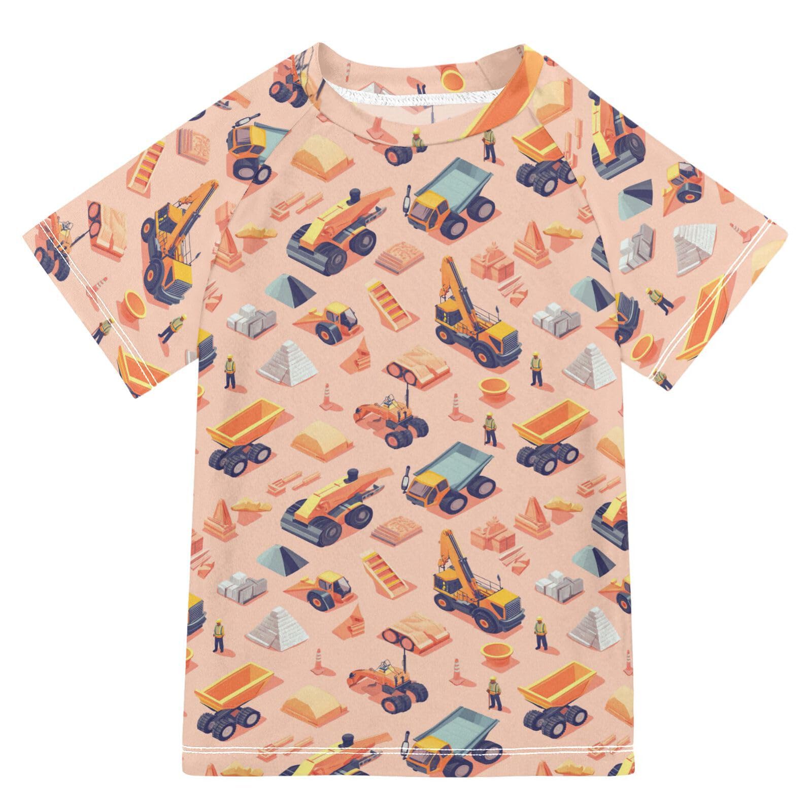 KLL Girl Bathing Suit Short Sleeve Girls Rashguard 3T Construction Scene Dam Construction Dump Truck Grader