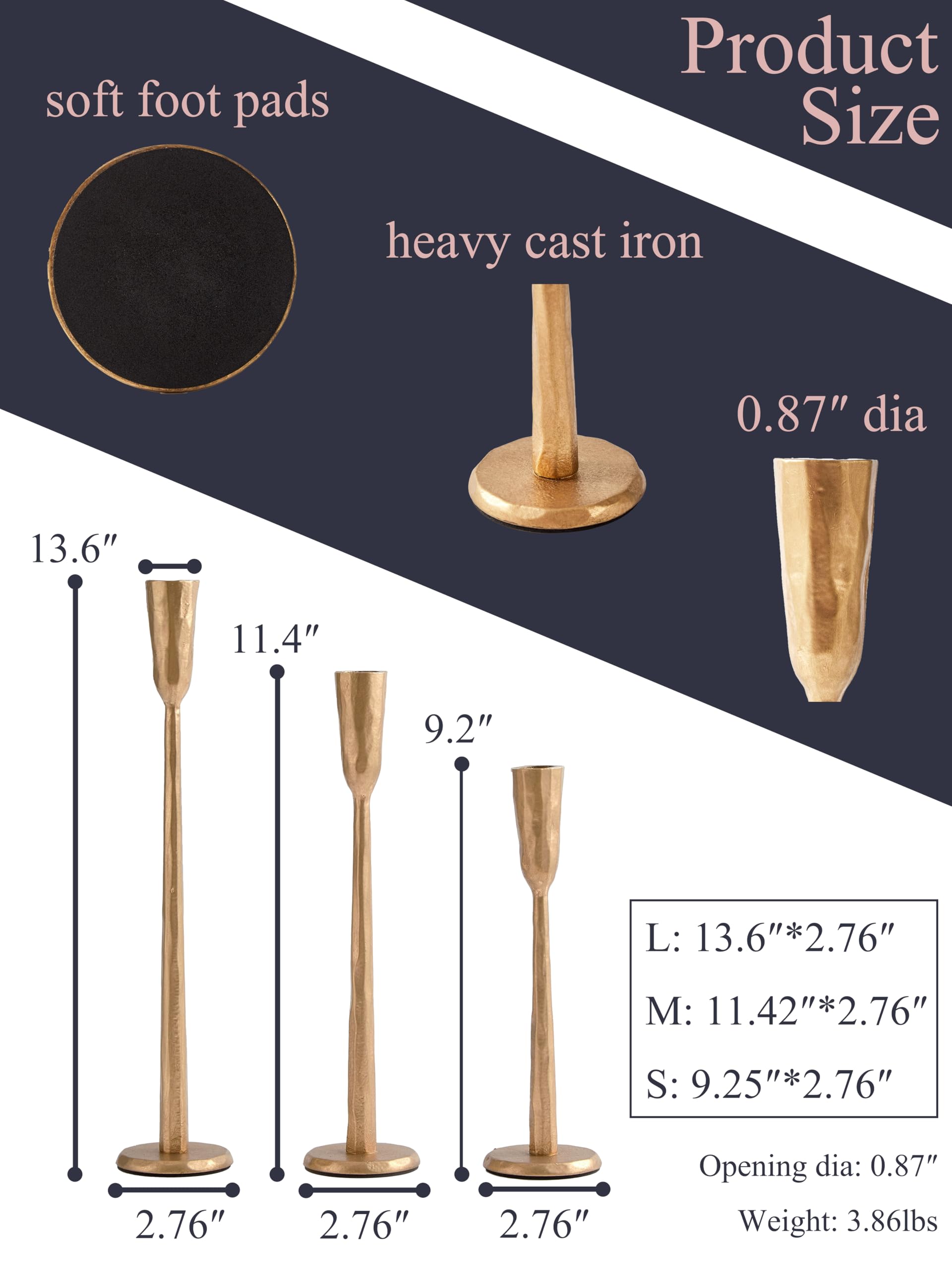 Kerzenhalter aus Messing, Eisen, 3er-Set, schwerer Schmiedeeiserner Kerzenhalter, dekorativer Kerzenständer, Vintage-Kerzenhalter für Hochzeit, Essen, Heimdekoration
