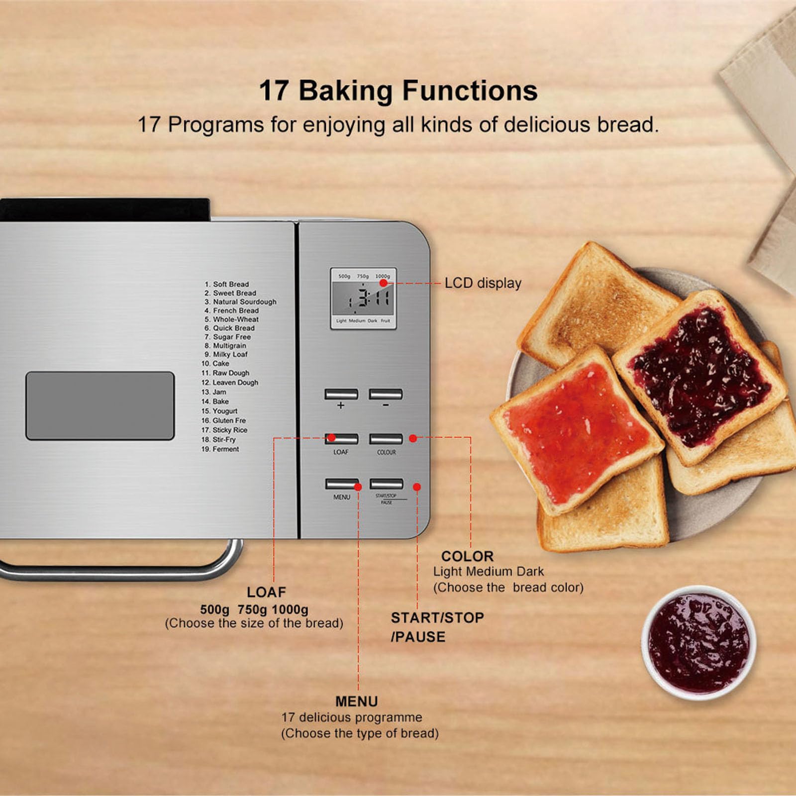 Mini máquina de pan con funciones 19 en 1, sartén antiadherente, panel táctil LCD, 3 tamaños de pan, extensión automática de nueces, temporizador de retardo para hornear en casa, yogur, mermelada