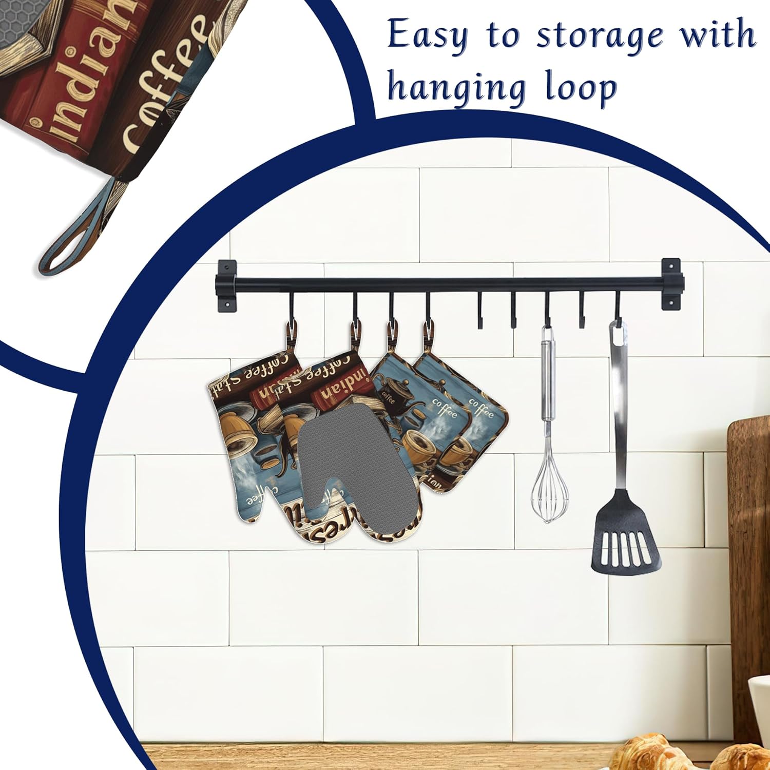 Rustic Coffee Pot Holders and Oven Mitts Set Silicone Vintage Book Coffee Kitchen Gloves Potholders Heat Resistant Washable,Chef Cooking Baking Gifts for Women Men Bakers Lover Cooks