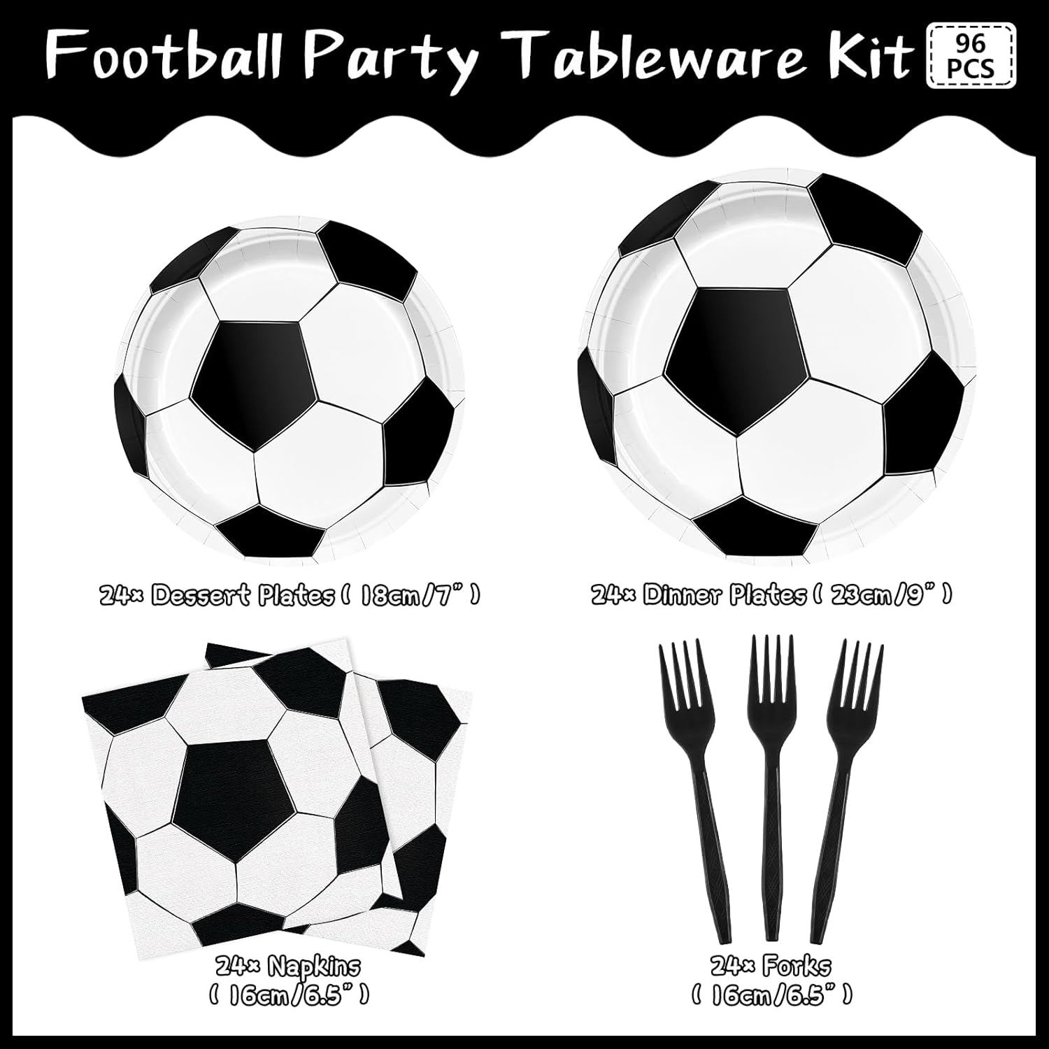96pcs Soccer Plates Napkins Birthady Party Supplies Disposable Paper Plates Napkins Black Forks Tableware Set Soccer Themed Birthday Party Supplies Serve 24 Guests - Image 2