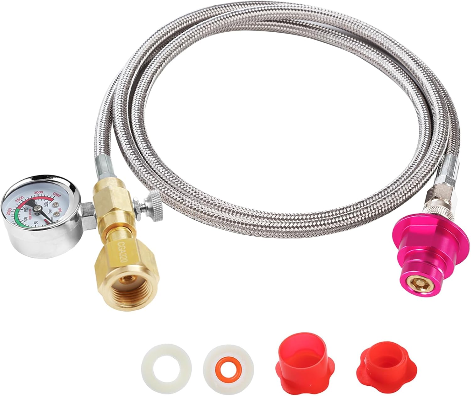 Quick Connect CO2 Adapter with 60in Stainless Steel Hose Pressure Gauge & Exhaust Valve, CGA320 CO2 Cylinder Tank Direct Adapter to Sparkling Water Soda Maker for Terra DUO Art Gaia Aqua Fizz