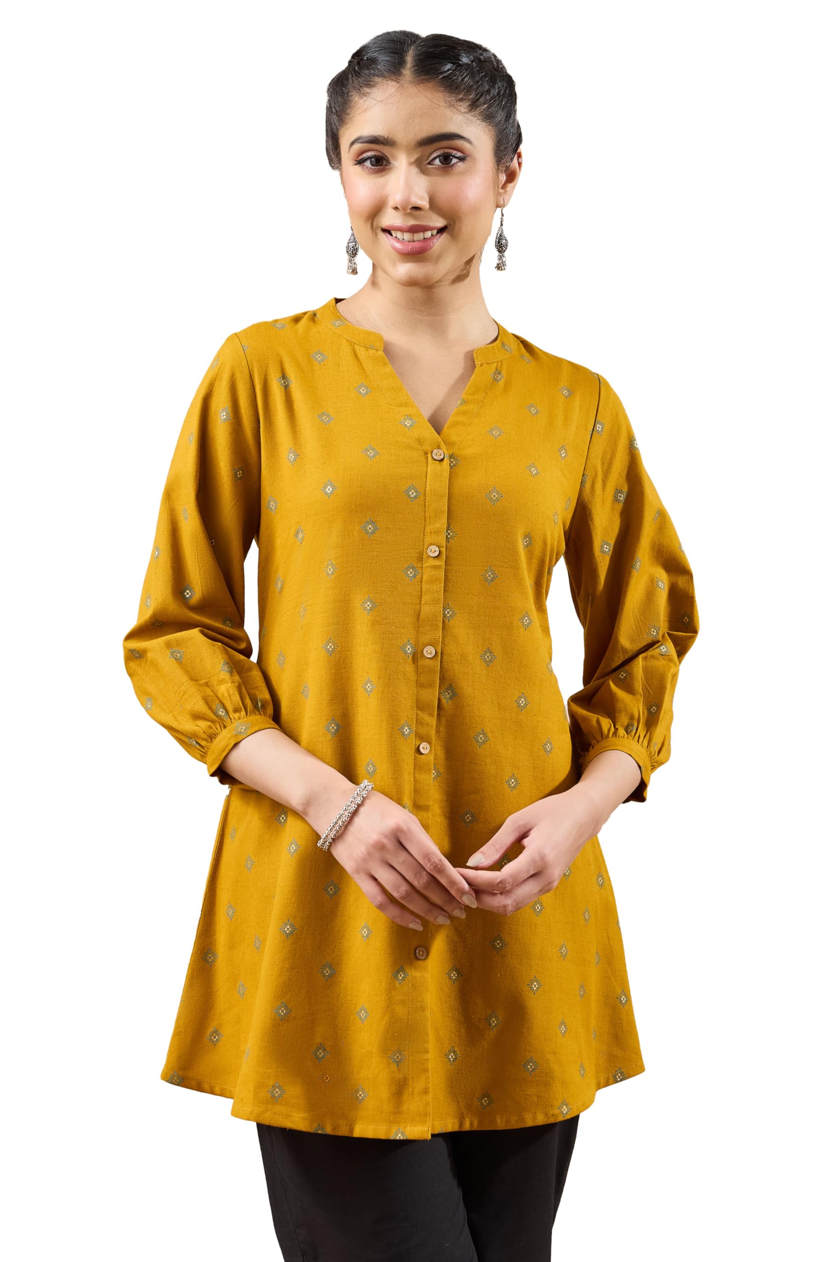 janasya Women's Mustard Linen Cotton Ethnic Motifs Printed Straight Tunic-picture-57