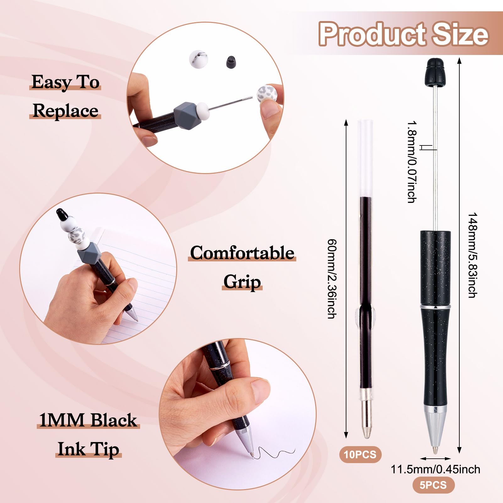 Craftdady Black Beadable Pens 5Pcs Plastic Bead Ballpoint Pens with Pen Refills Shaft Black Ink Bead Pens DIY — view 2